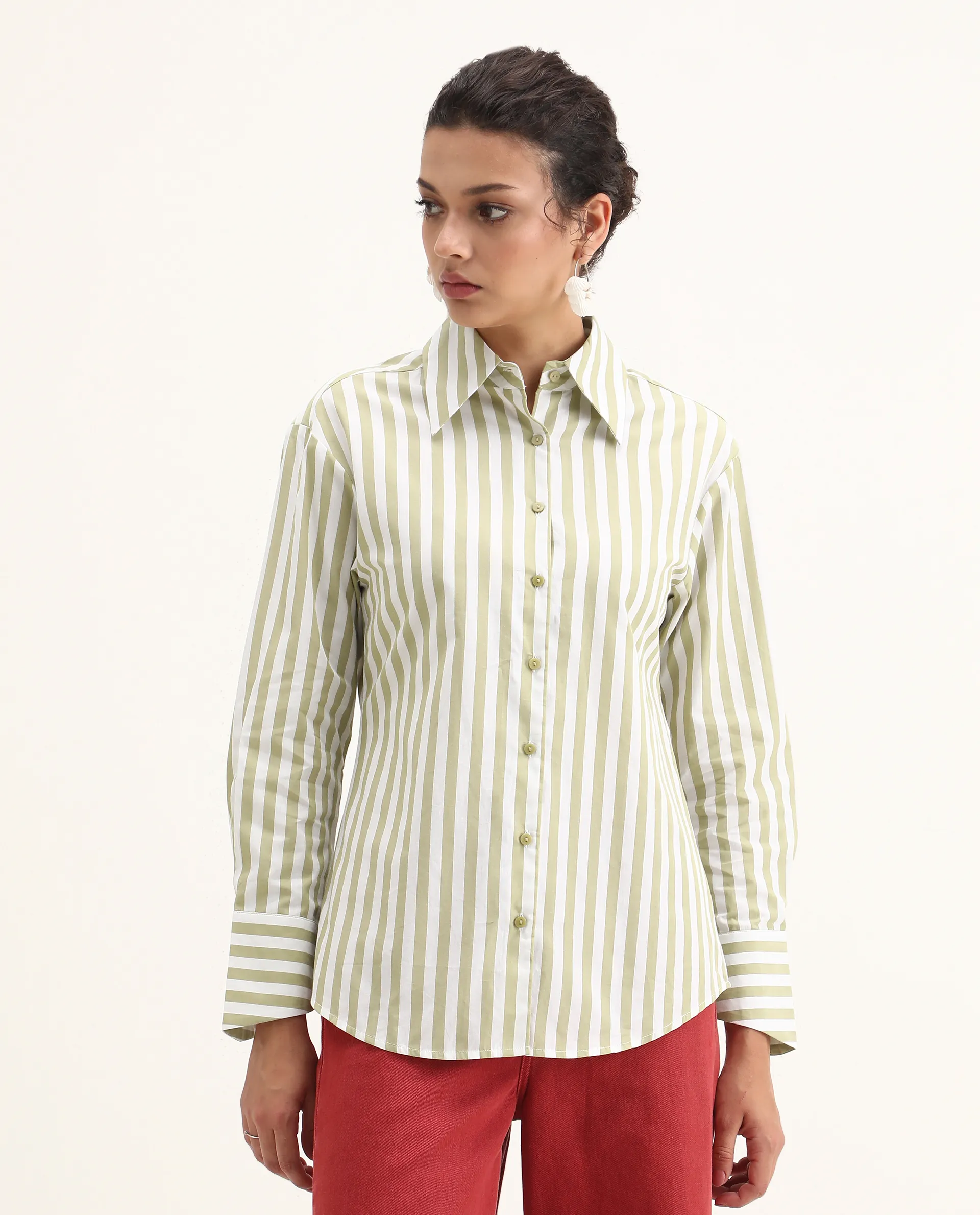 Rareism Women's Ronwoz Green Cotton Spread Collar Striped Cuffed Sleeve Regular Fit Shirt - Image 4