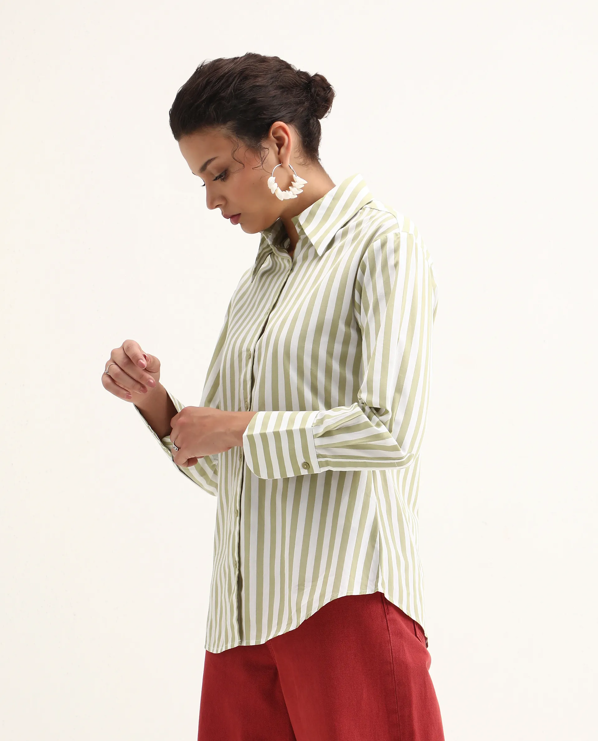 Rareism Women's Ronwoz Green Cotton Spread Collar Striped Cuffed Sleeve Regular Fit Shirt - Image 5