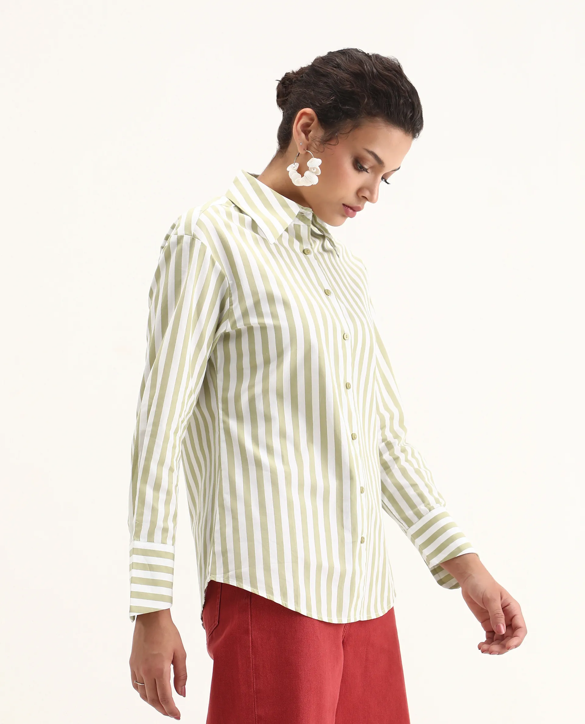 Rareism Women's Ronwoz Green Cotton Spread Collar Striped Cuffed Sleeve Regular Fit Shirt - Image 6