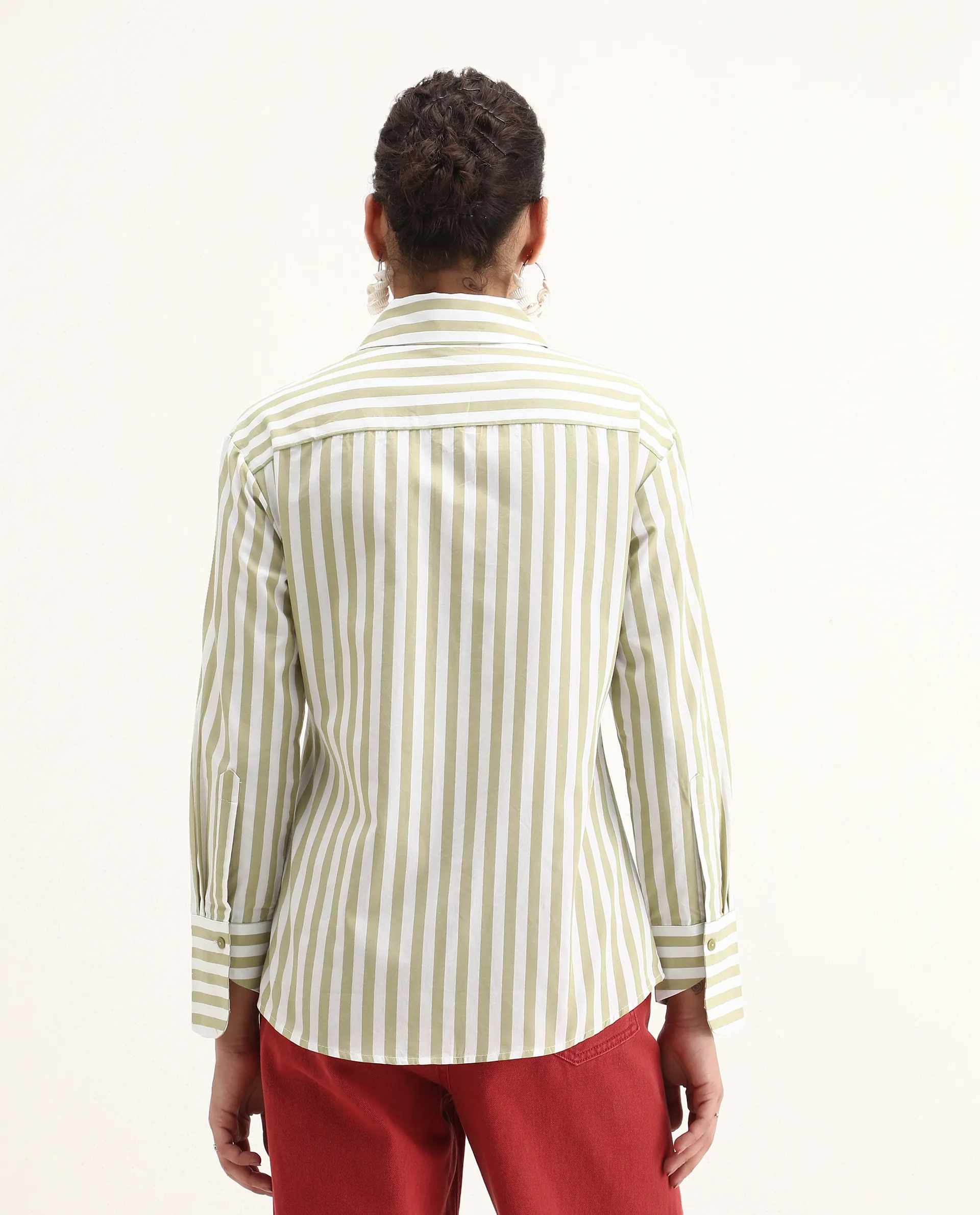 Rareism Women's Ronwoz Green Cotton Spread Collar Striped Cuffed Sleeve Regular Fit Shirt - Image 7