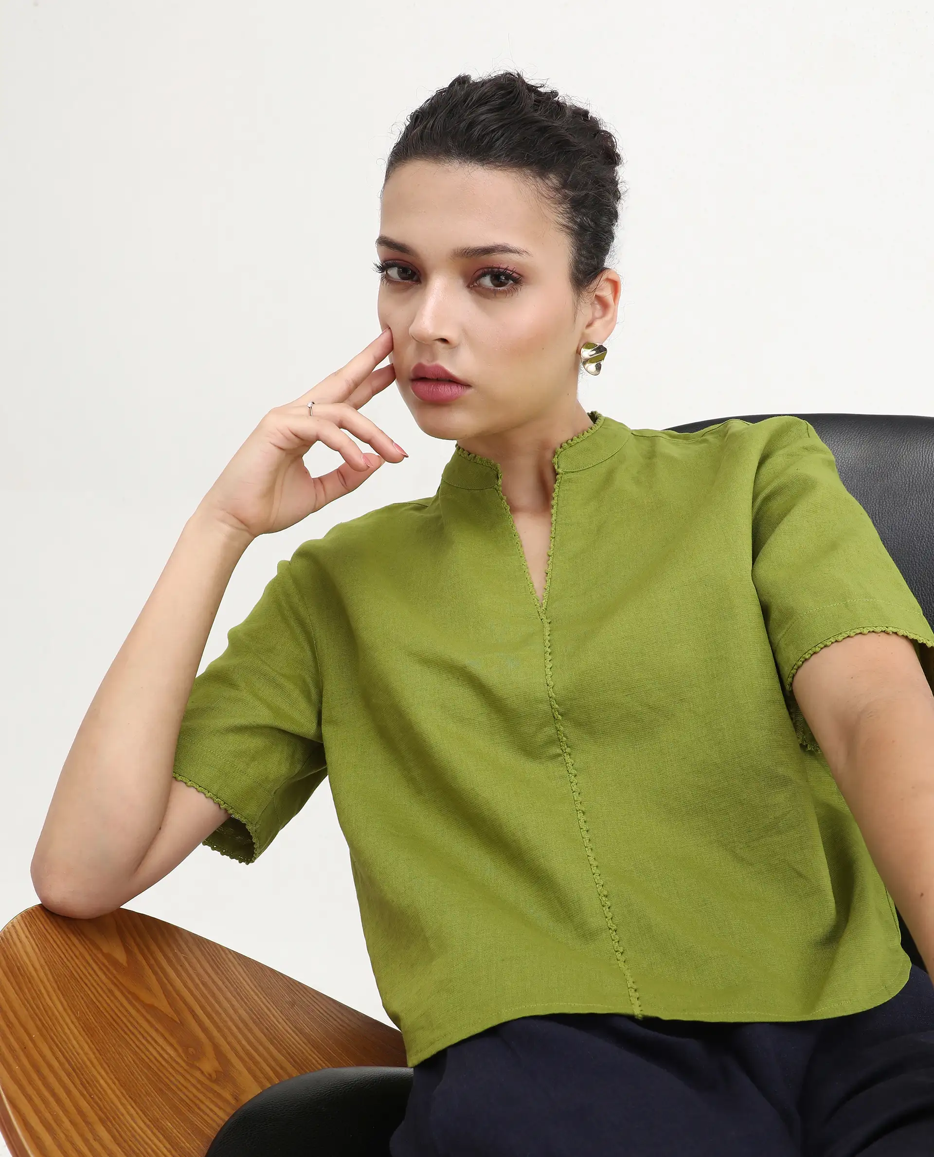 Rareism Women's Rony Olive Cotton Blend Mandarin Collar Plain Regular Fit Top