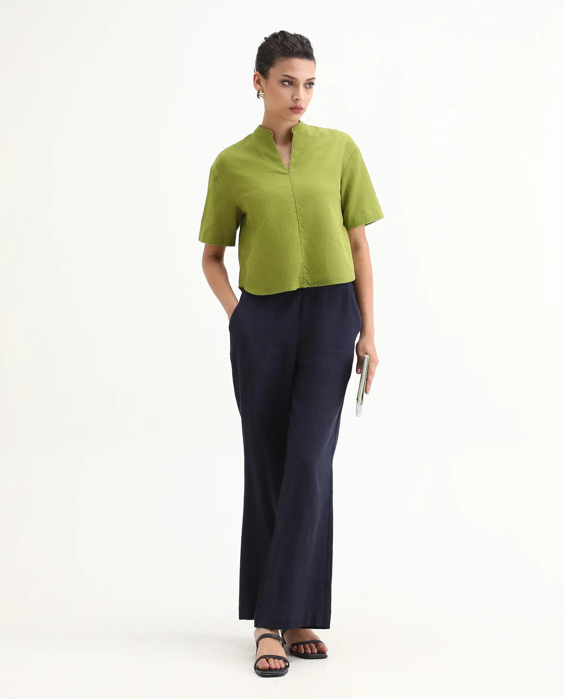 Rareism Women's Rony Olive Cotton Blend Mandarin Collar Plain Regular Fit Top - Image 2