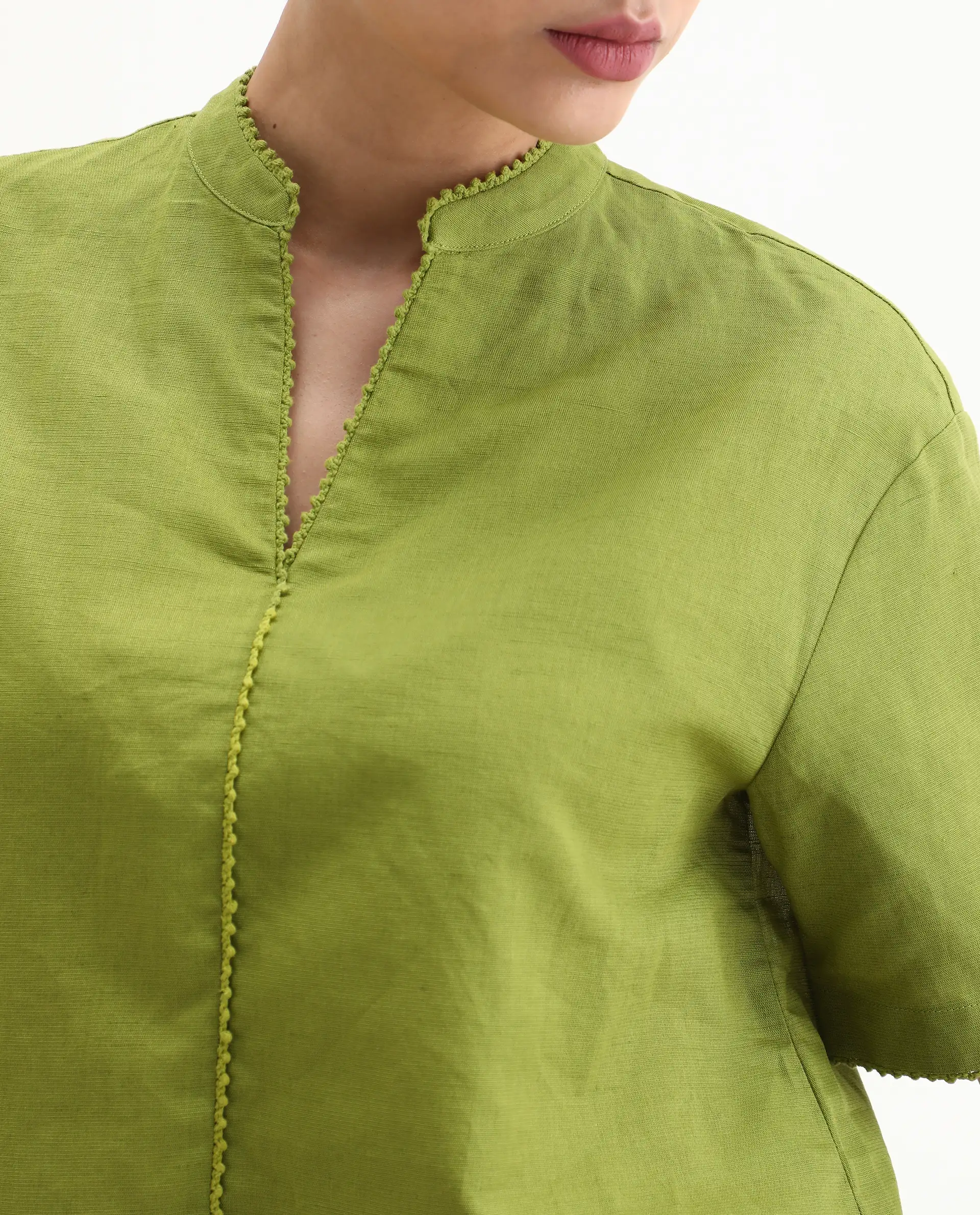 Rareism Women's Rony Olive Cotton Blend Mandarin Collar Plain Regular Fit Top - Image 3