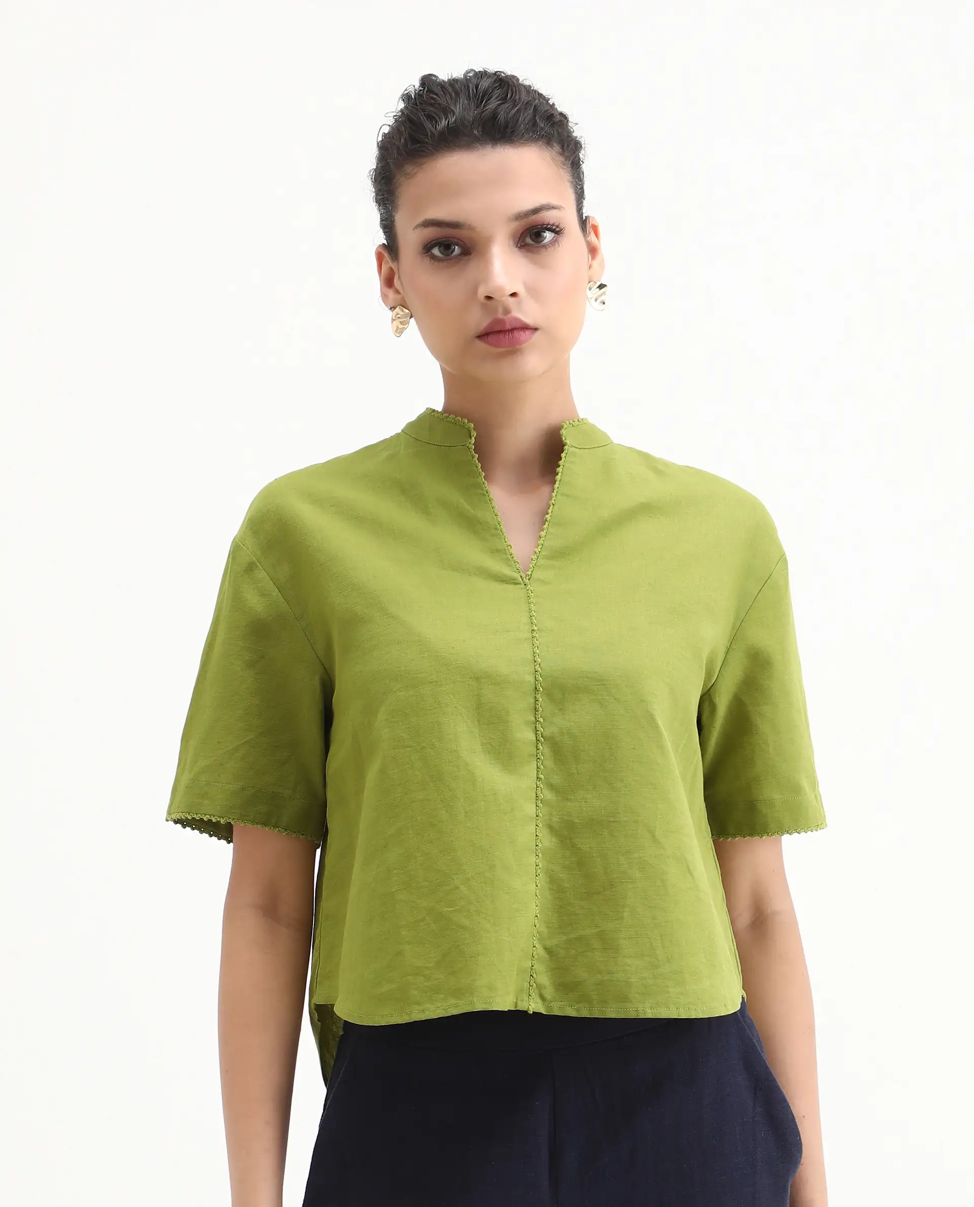 Rareism Women's Rony Olive Cotton Blend Mandarin Collar Plain Regular Fit Top - Image 4