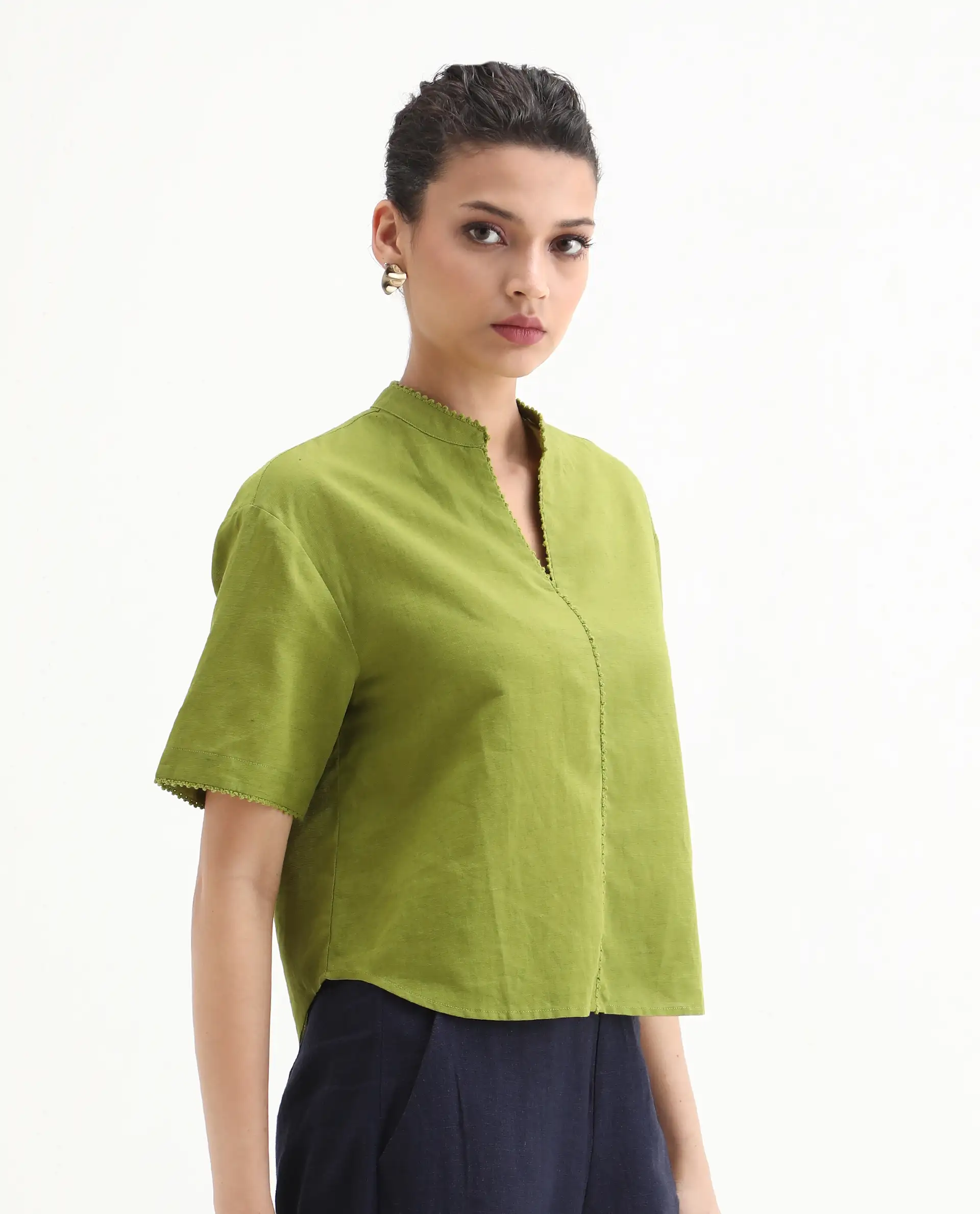 Rareism Women's Rony Olive Cotton Blend Mandarin Collar Plain Regular Fit Top - Image 5