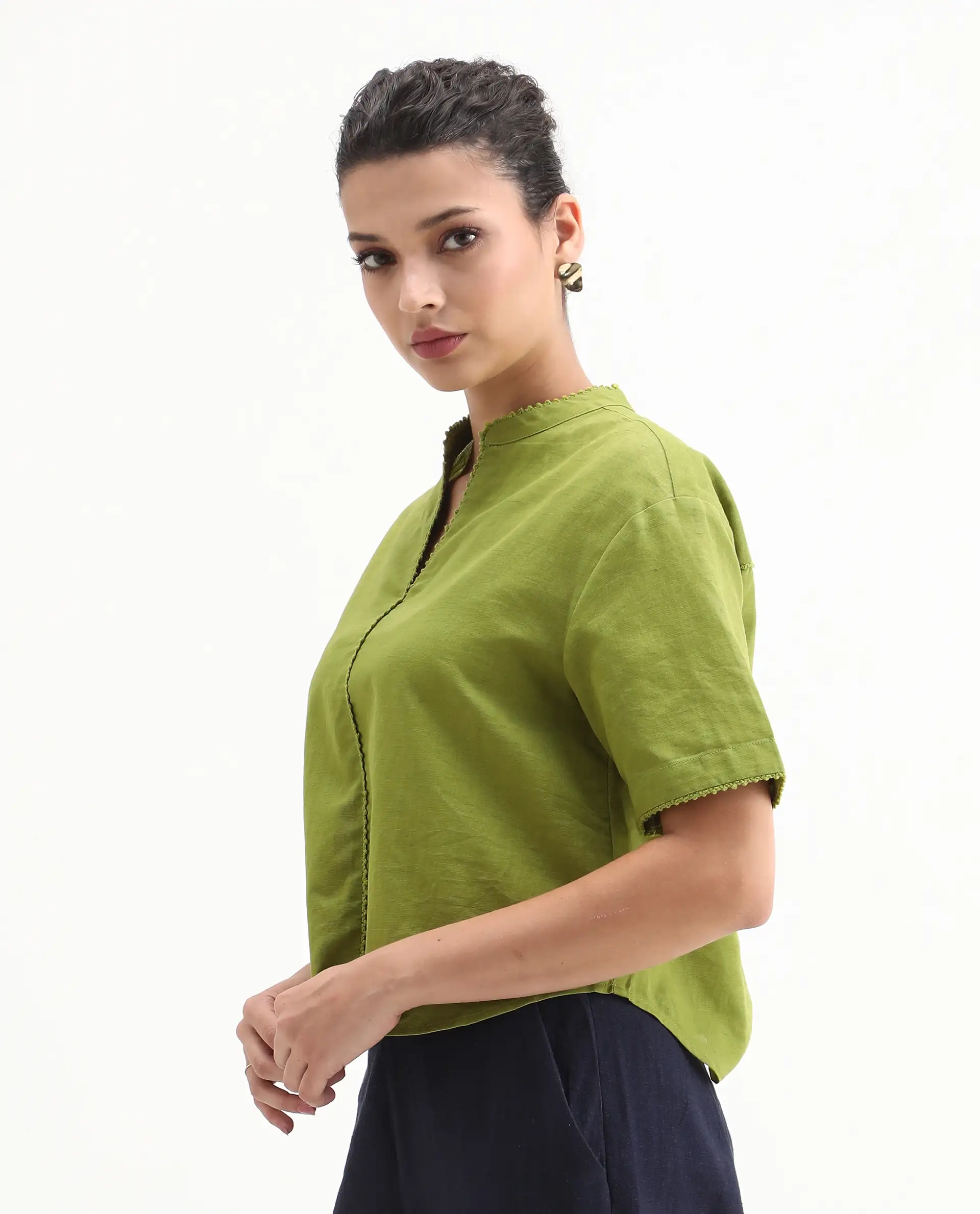 Rareism Women's Rony Olive Cotton Blend Mandarin Collar Plain Regular Fit Top - Image 6