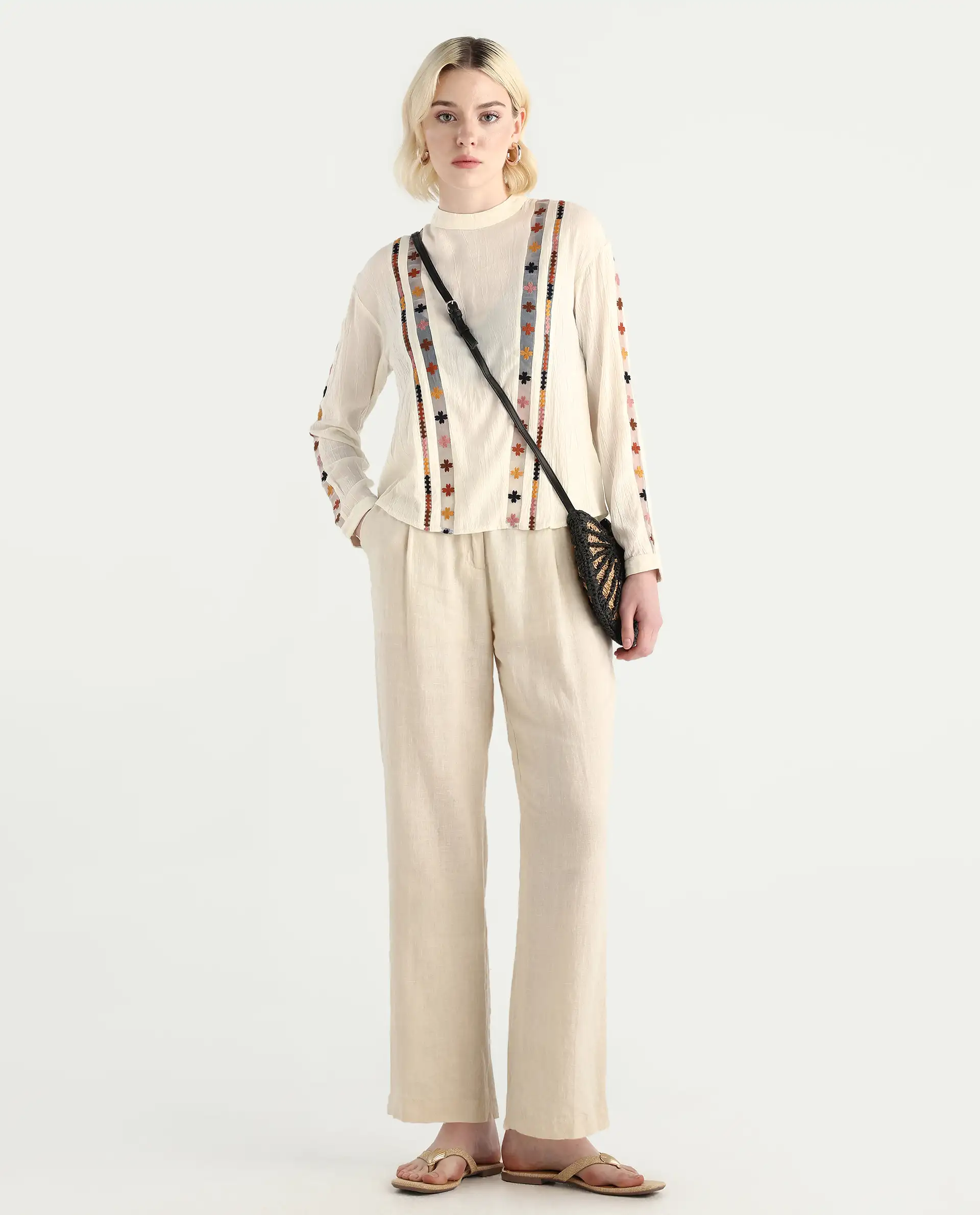 Rareism Women's Ronz Off White Viscose Round Neck Embroidered Relaxed Fit Top