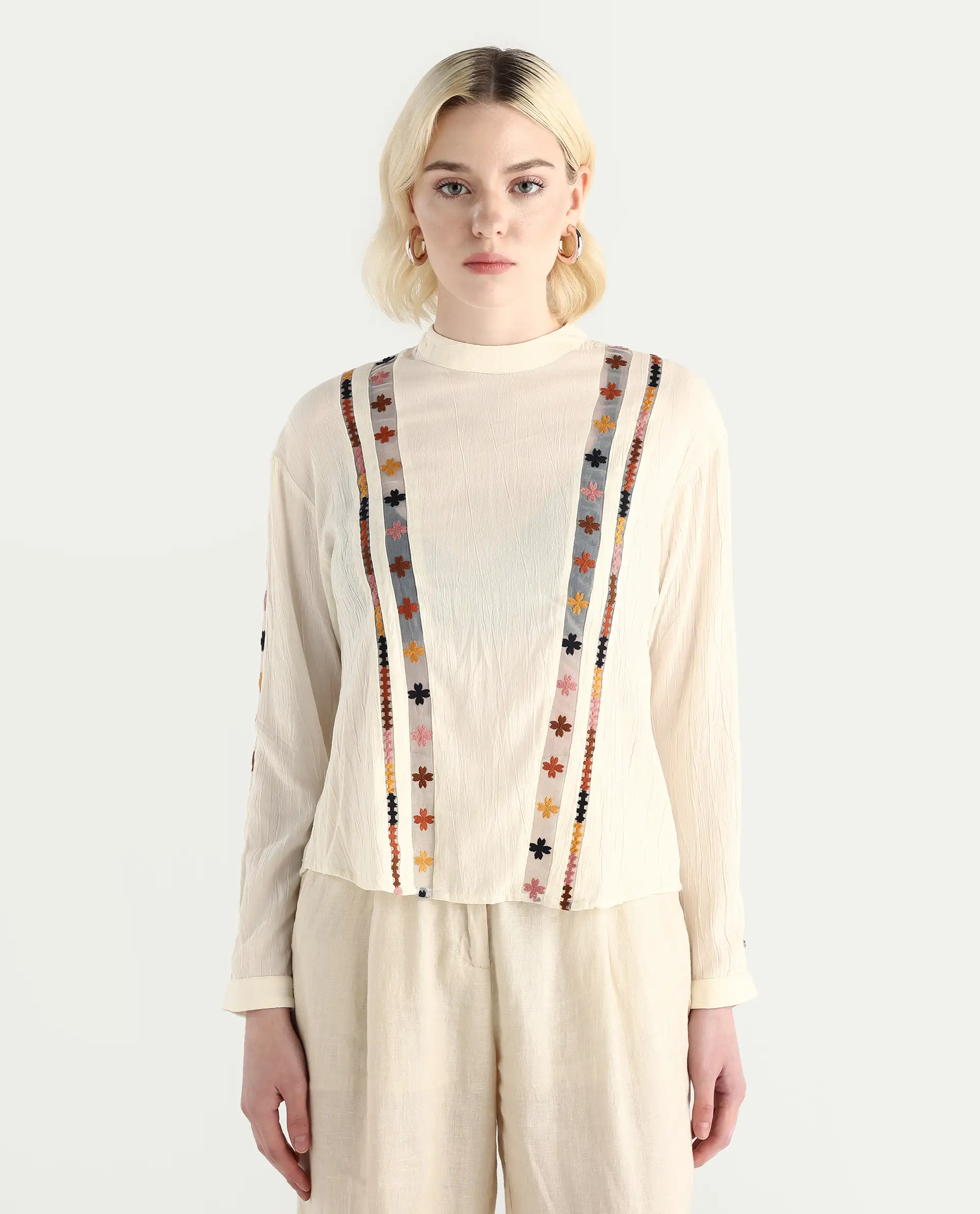 Rareism Women's Ronz Off White Viscose Round Neck Embroidered Relaxed Fit Top - Image 3