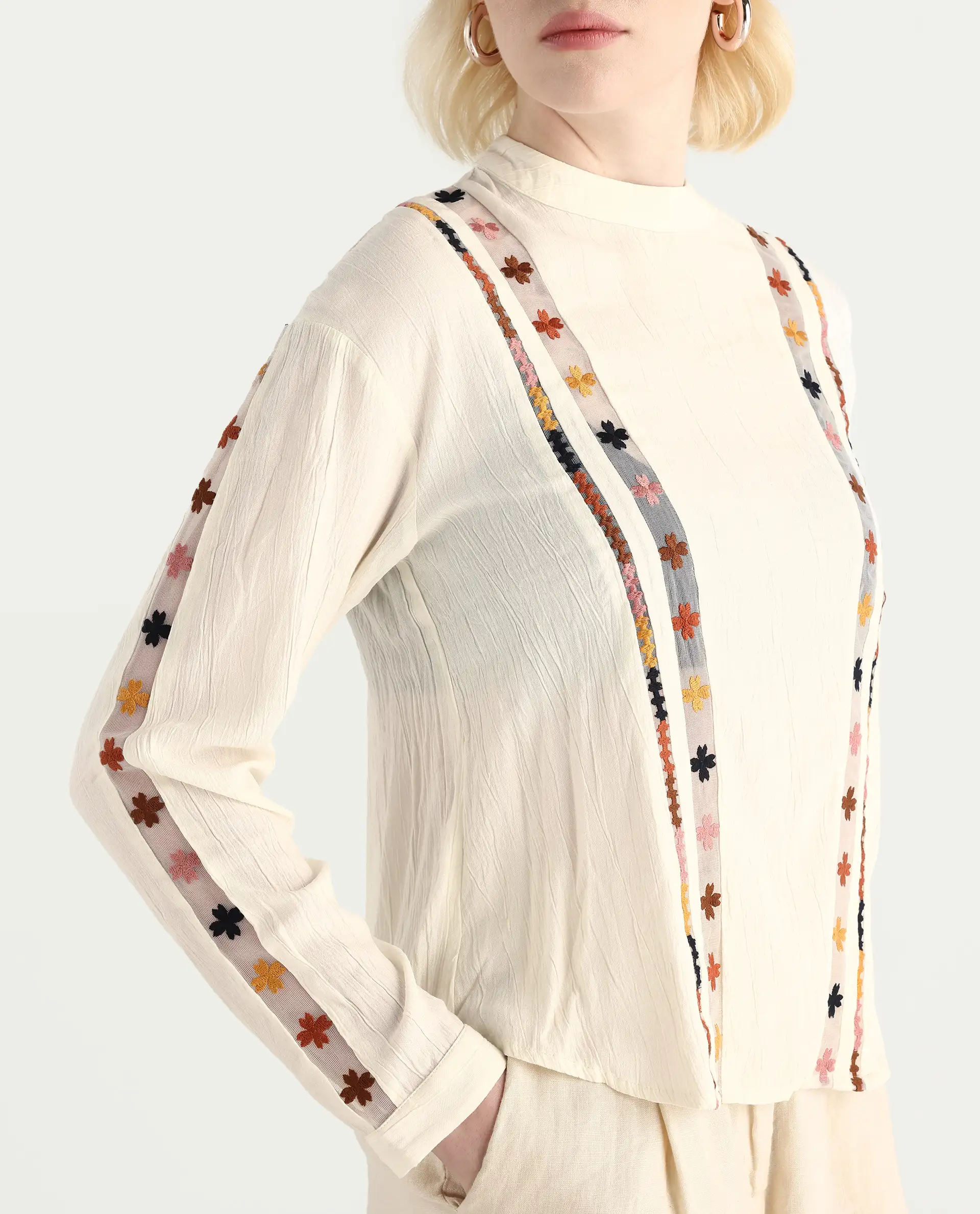 Rareism Women's Ronz Off White Viscose Round Neck Embroidered Relaxed Fit Top - Image 4