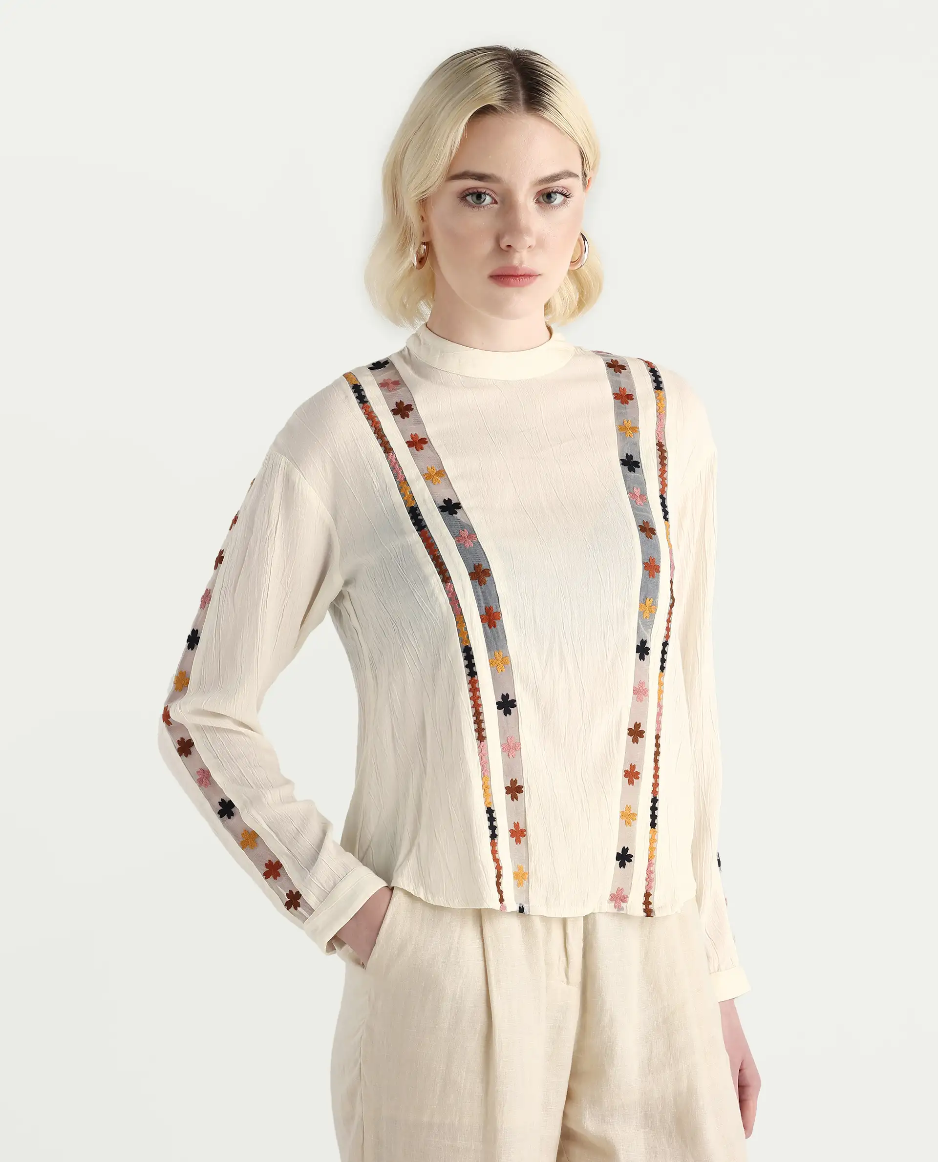 Rareism Women's Ronz Off White Viscose Round Neck Embroidered Relaxed Fit Top - Image 5
