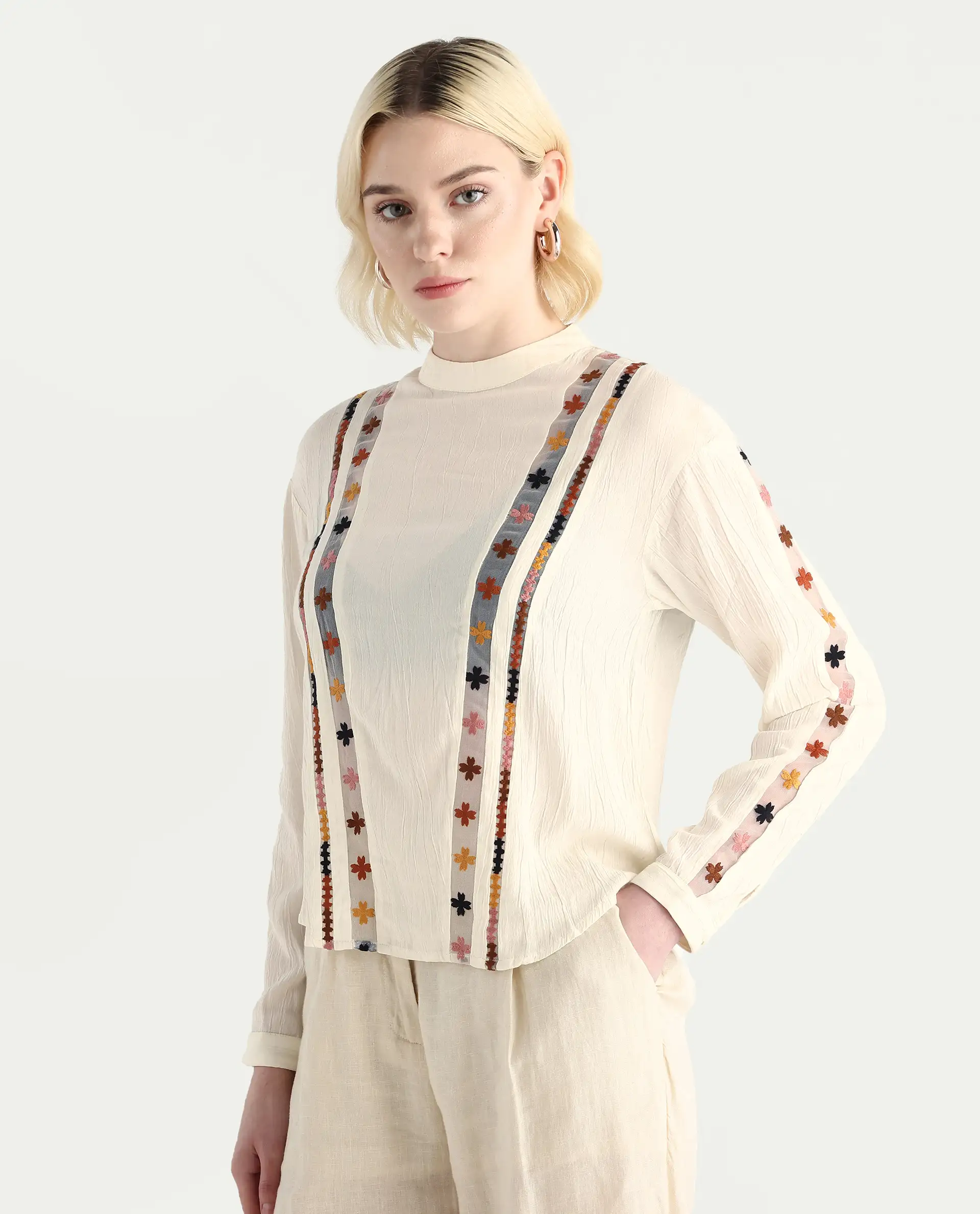 Rareism Women's Ronz Off White Viscose Round Neck Embroidered Relaxed Fit Top - Image 6