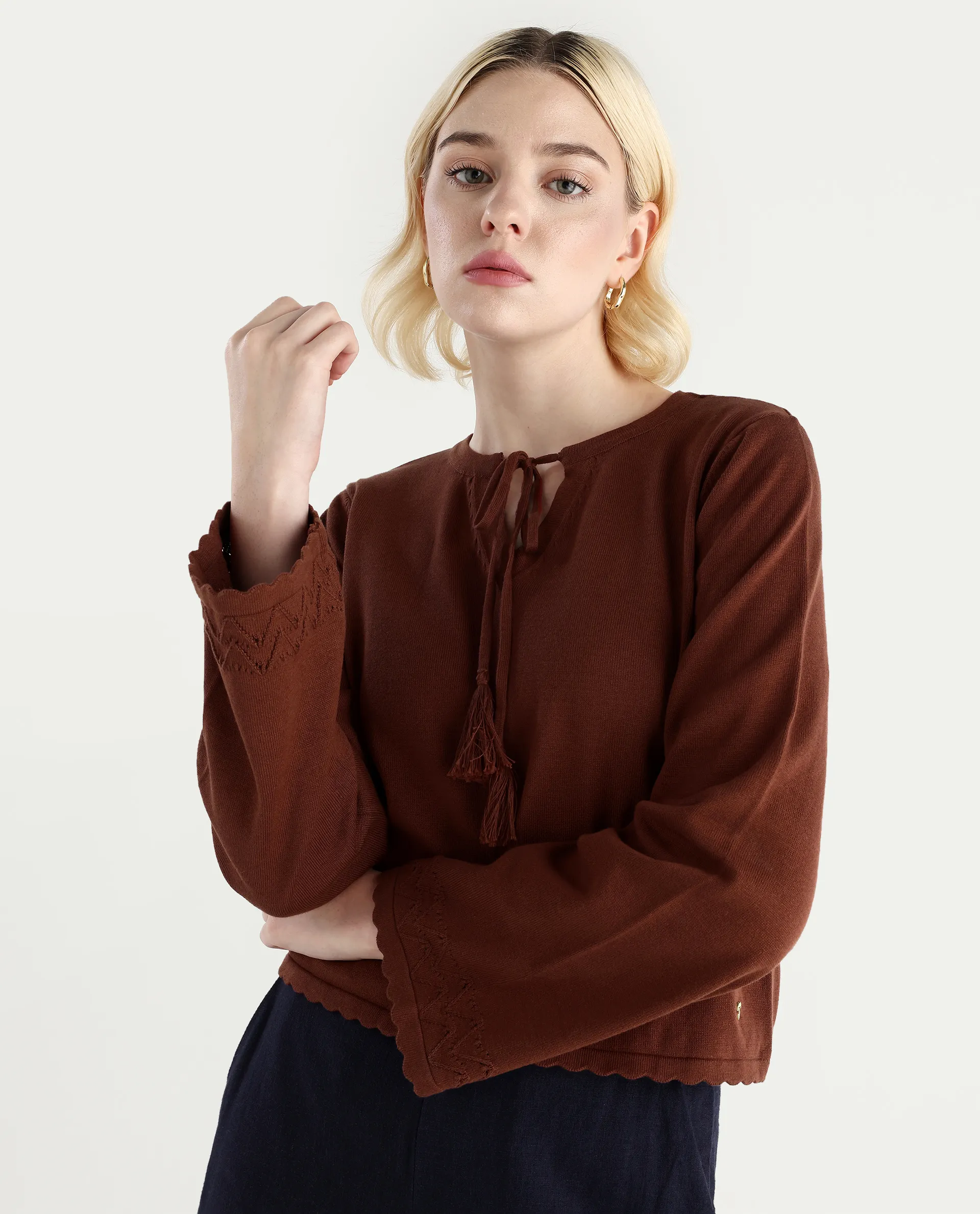 Rareism Women's Ronzmu Dark Brown Cotton Tie-Up Neck Plain Regular Fit Top
