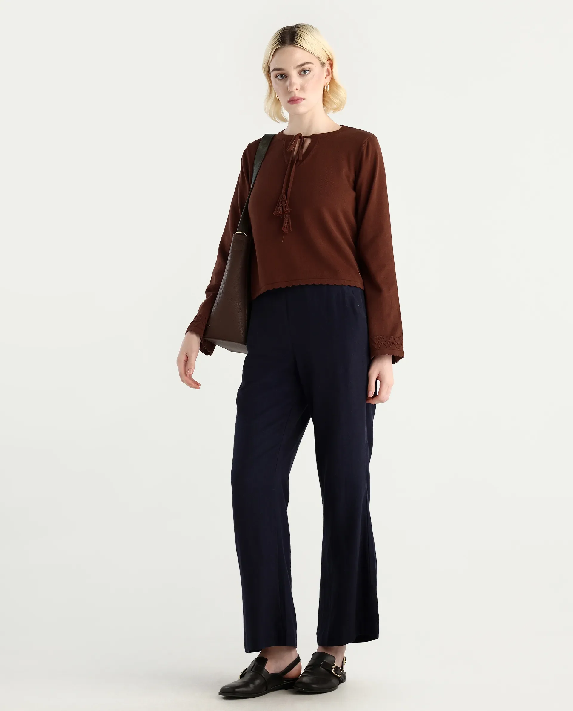Rareism Women's Ronzmu Dark Brown Cotton Tie-Up Neck Plain Regular Fit Top - Image 2