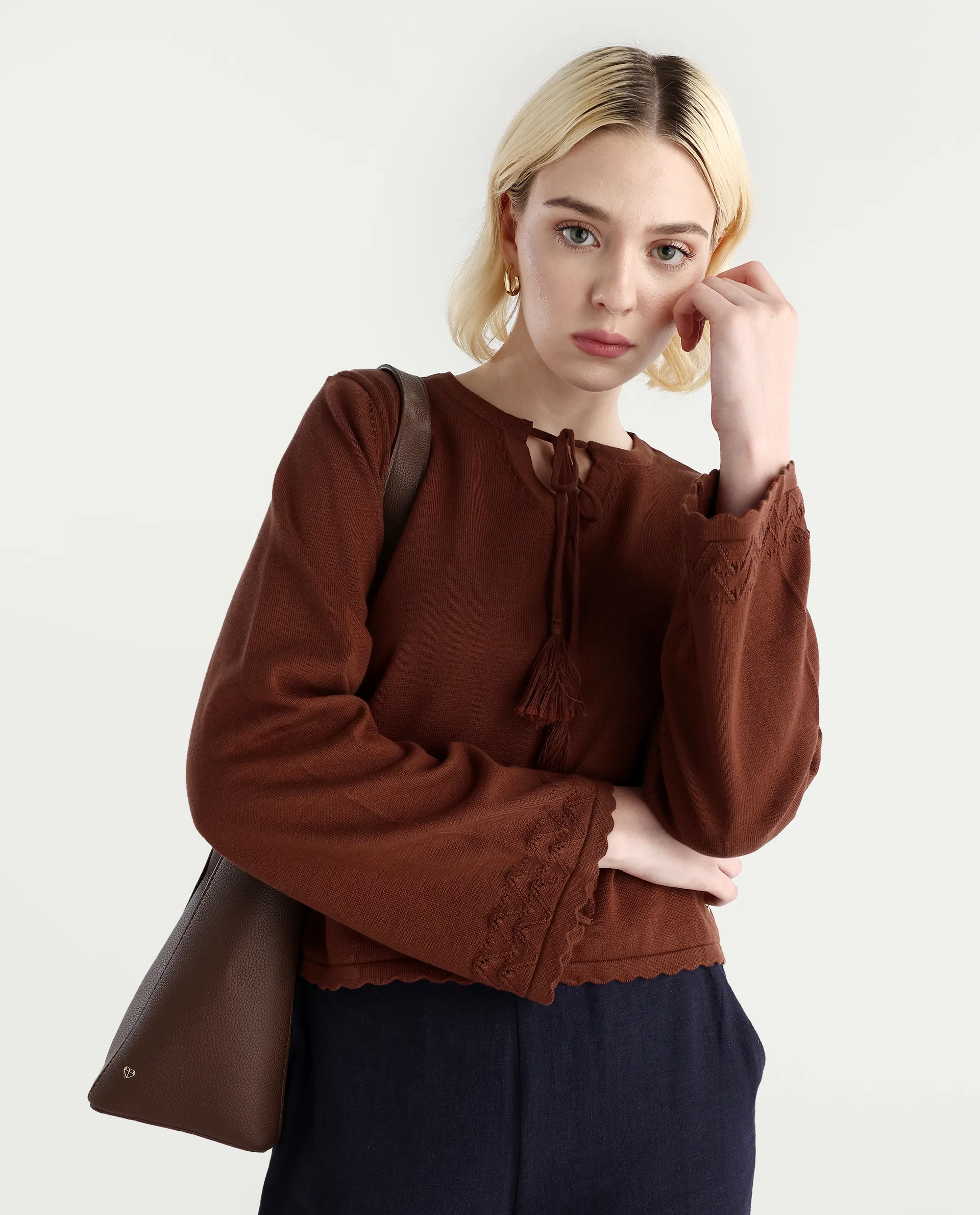 Rareism Women's Ronzmu Dark Brown Cotton Tie-Up Neck Plain Regular Fit Top - Image 3