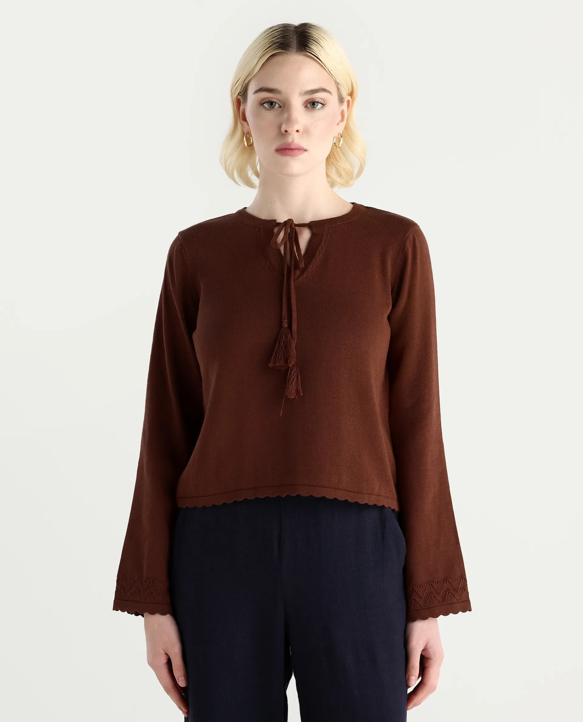 Rareism Women's Ronzmu Dark Brown Cotton Tie-Up Neck Plain Regular Fit Top - Image 4