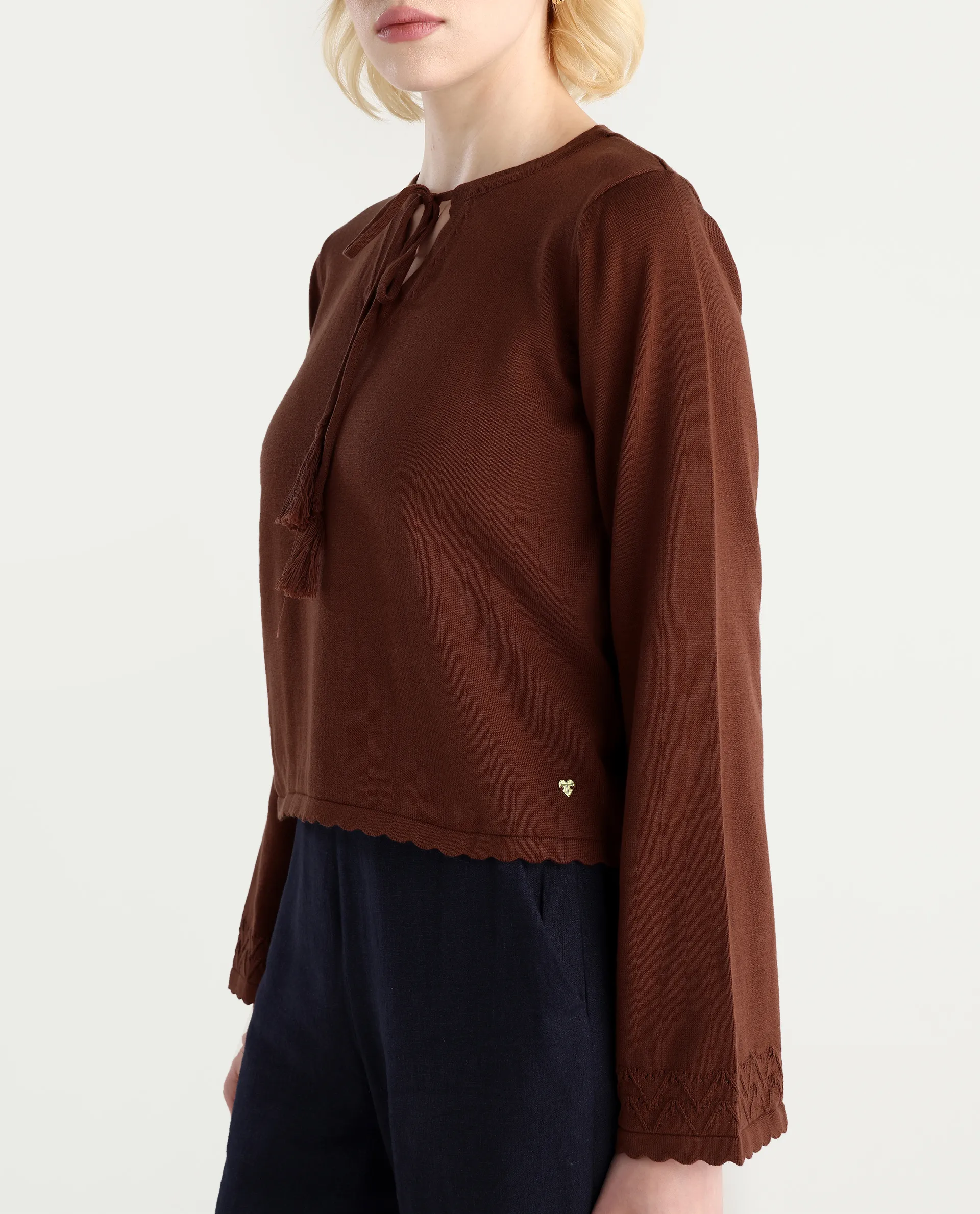 Rareism Women's Ronzmu Dark Brown Cotton Tie-Up Neck Plain Regular Fit Top - Image 5