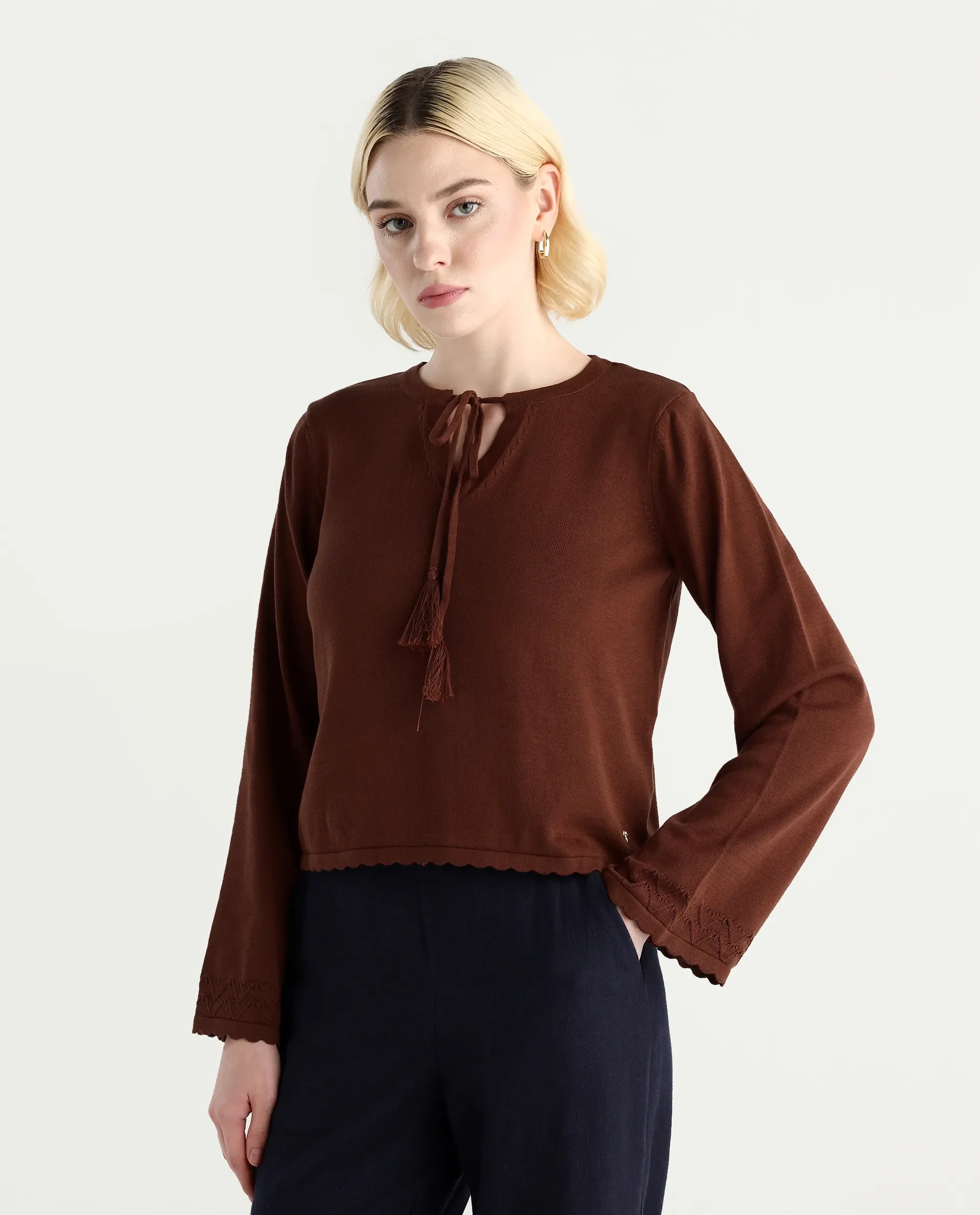 Rareism Women's Ronzmu Dark Brown Cotton Tie-Up Neck Plain Regular Fit Top - Image 6
