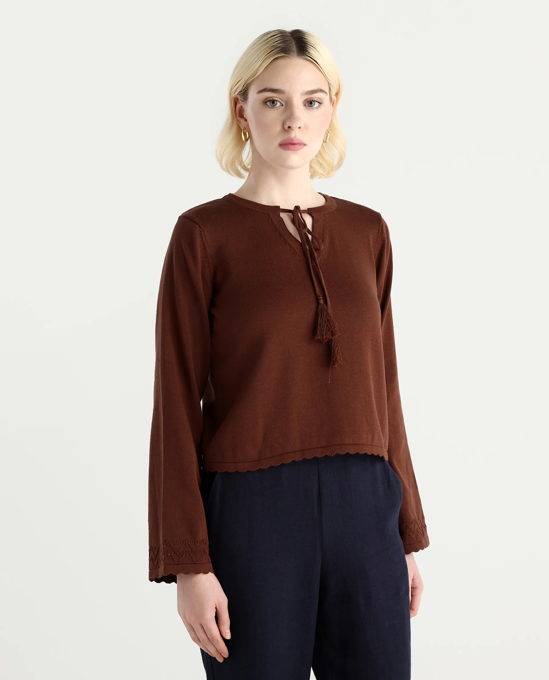 Rareism Women's Ronzmu Dark Brown Cotton Tie-Up Neck Plain Regular Fit Top - Image 7