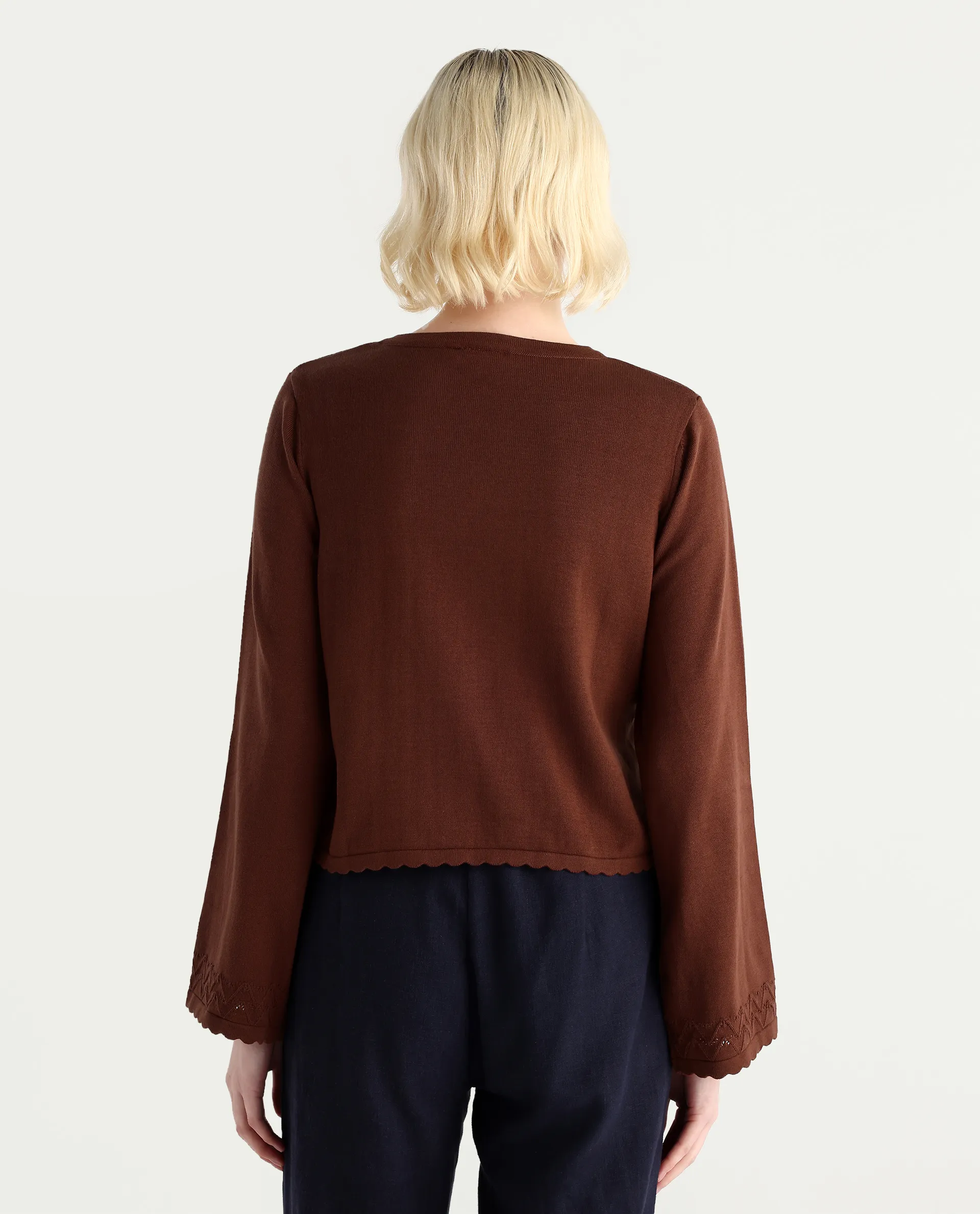 Rareism Women's Ronzmu Dark Brown Cotton Tie-Up Neck Plain Regular Fit Top - Image 8