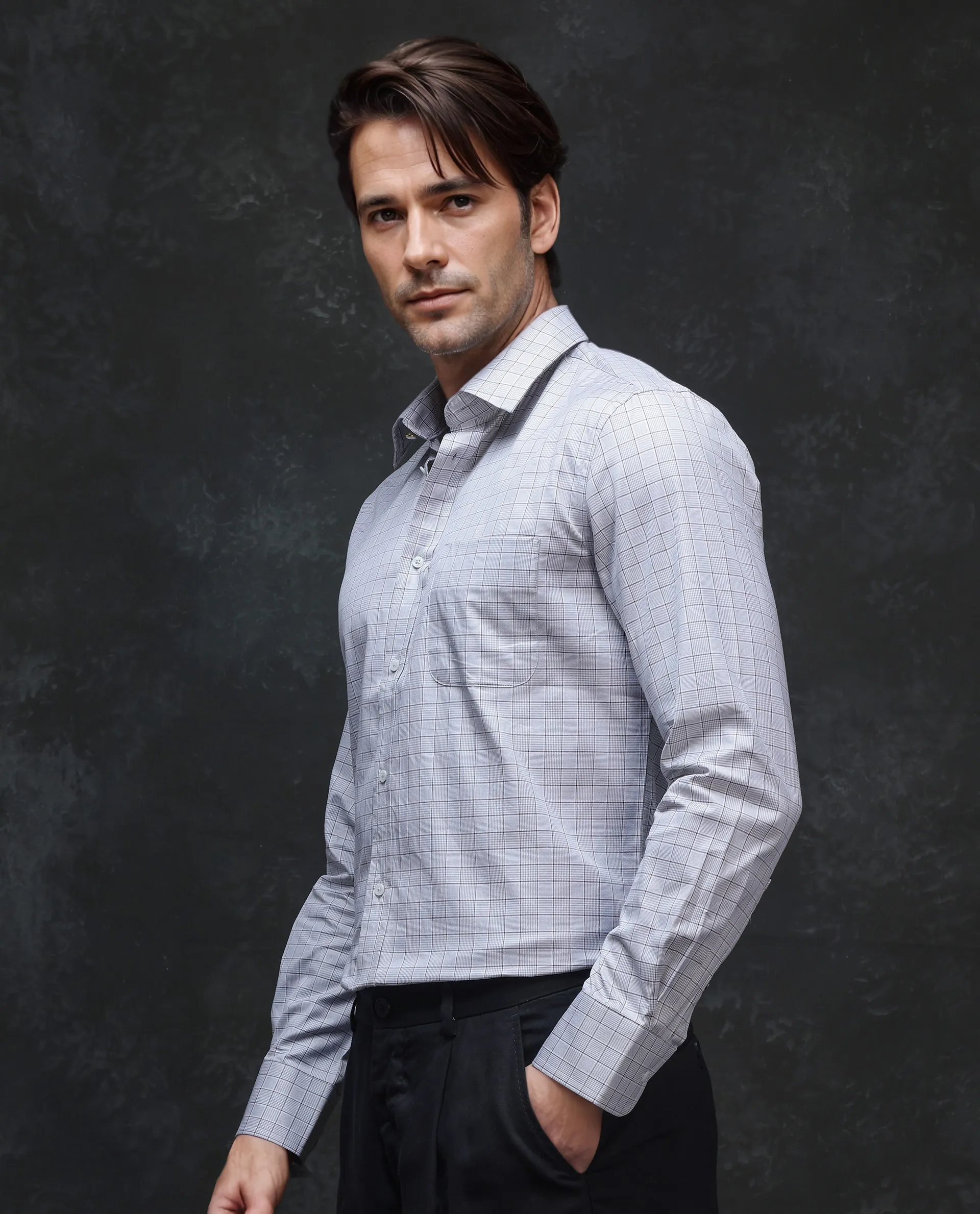 Rare Rabbit Men's Rooney Light Grey Cotton Checked Print Regular Fit Full Sleeve Collared Shirt - Image 4