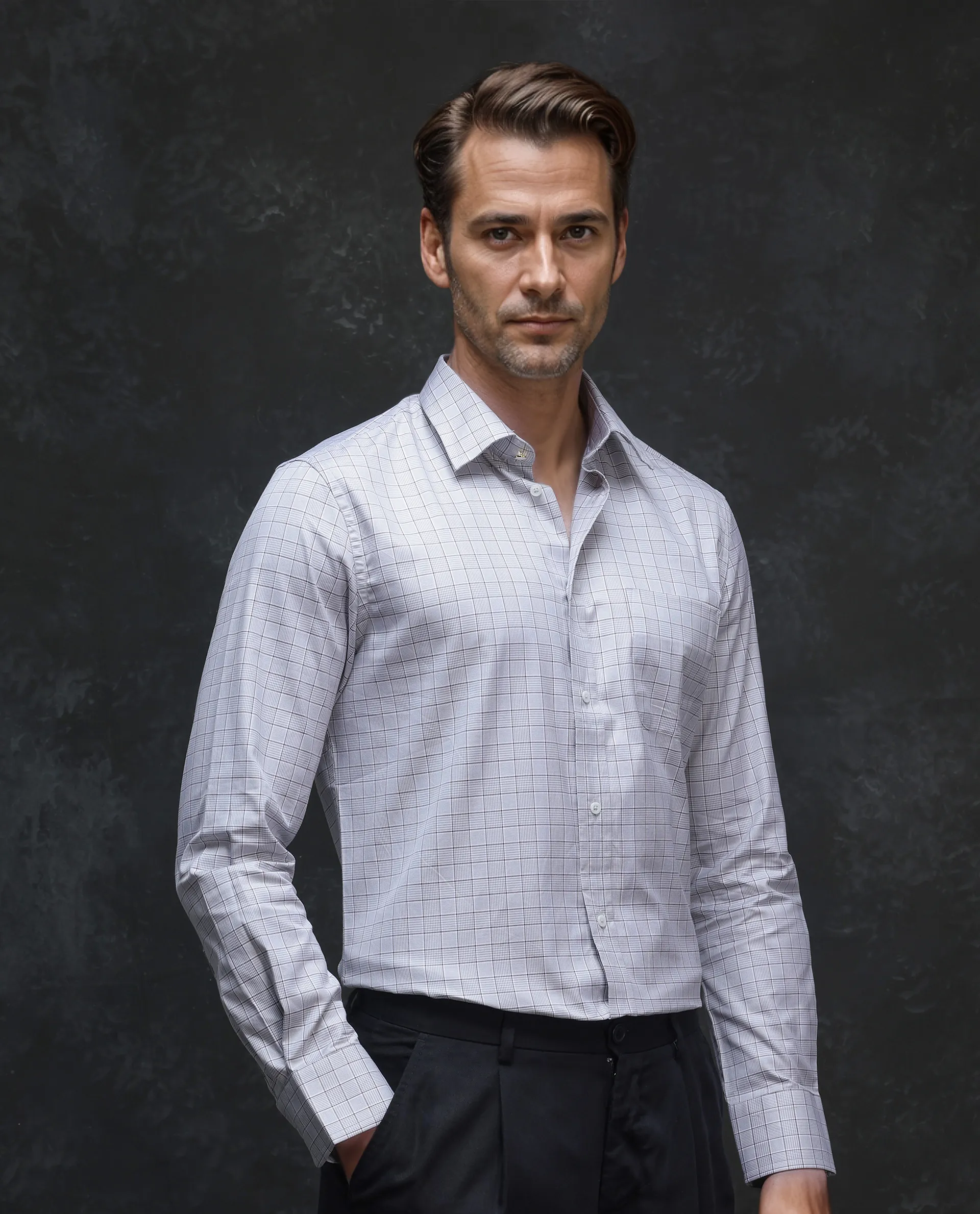 Rare Rabbit Men's Rooney Light Grey Cotton Checked Print Regular Fit Full Sleeve Collared Shirt - Image 5