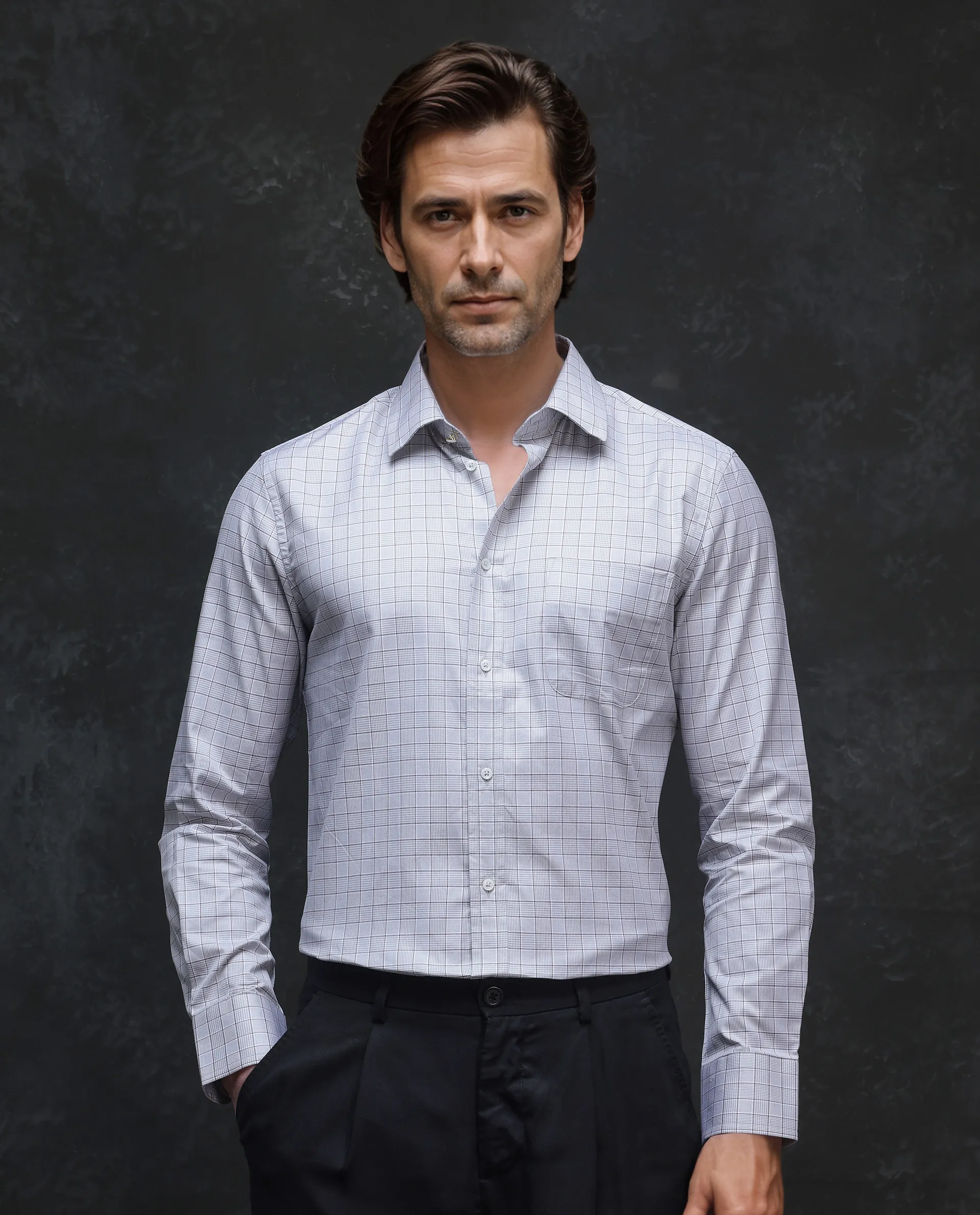 Rare Rabbit Men's Rooney Light Grey Cotton Checked Print Regular Fit Full Sleeve Collared Shirt - Image 7
