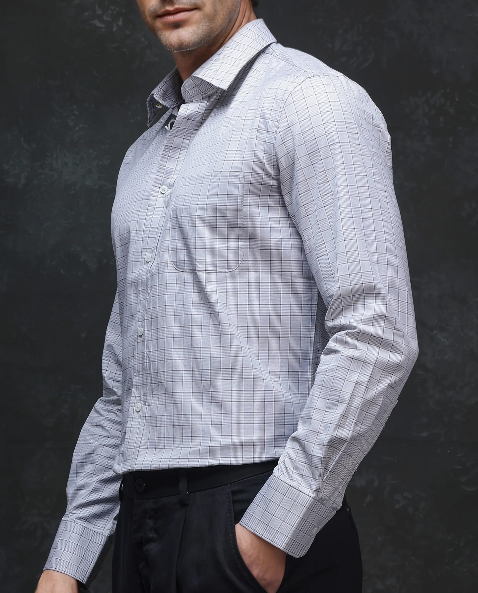 Rare Rabbit Men's Rooney Light Grey Cotton Checked Print Regular Fit Full Sleeve Collared Shirt - Image 9