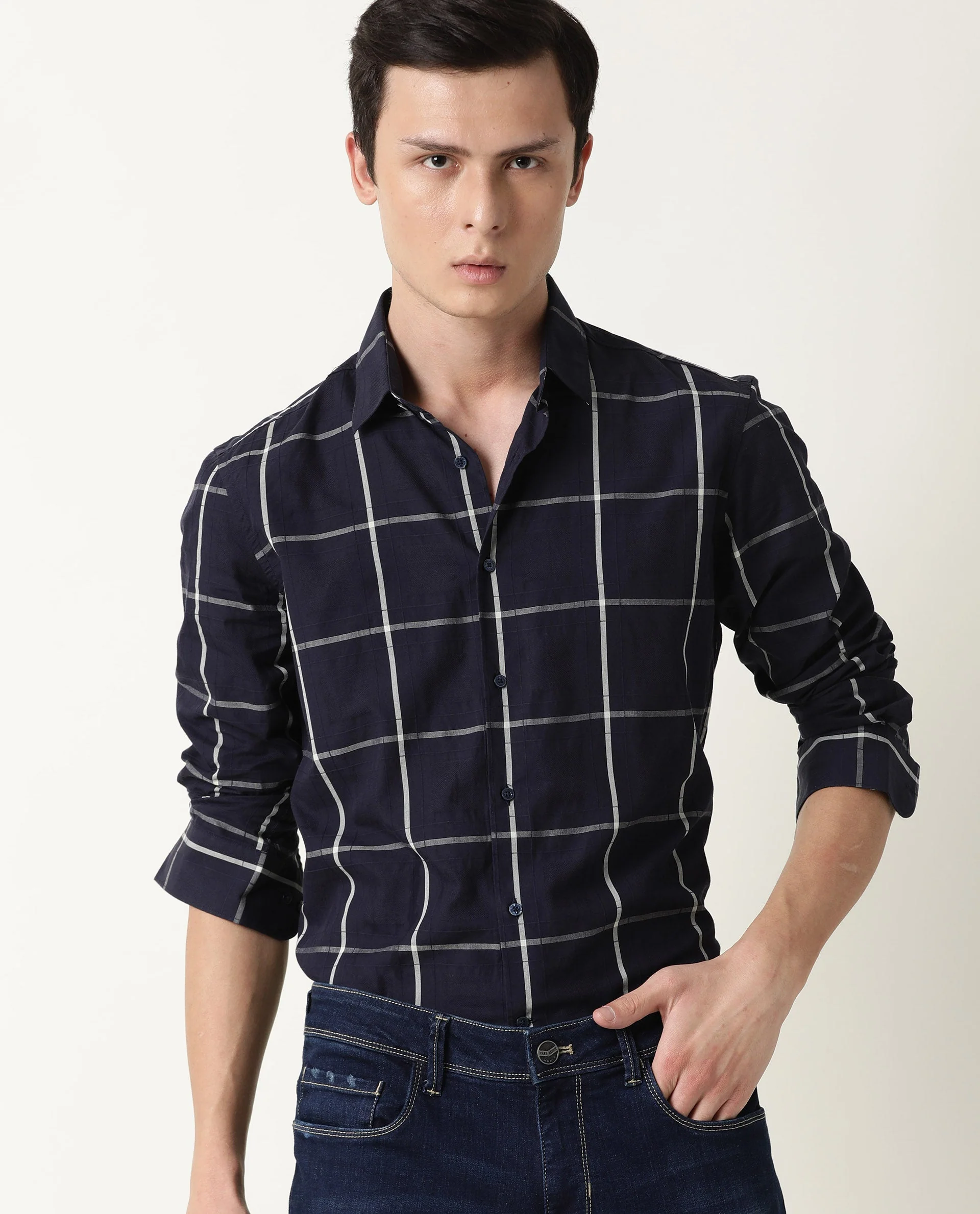 Rare Rabbit Men's Roper Navy Cotton Checked Print Regular Fit Full Sleeve Spread Collar Shirt