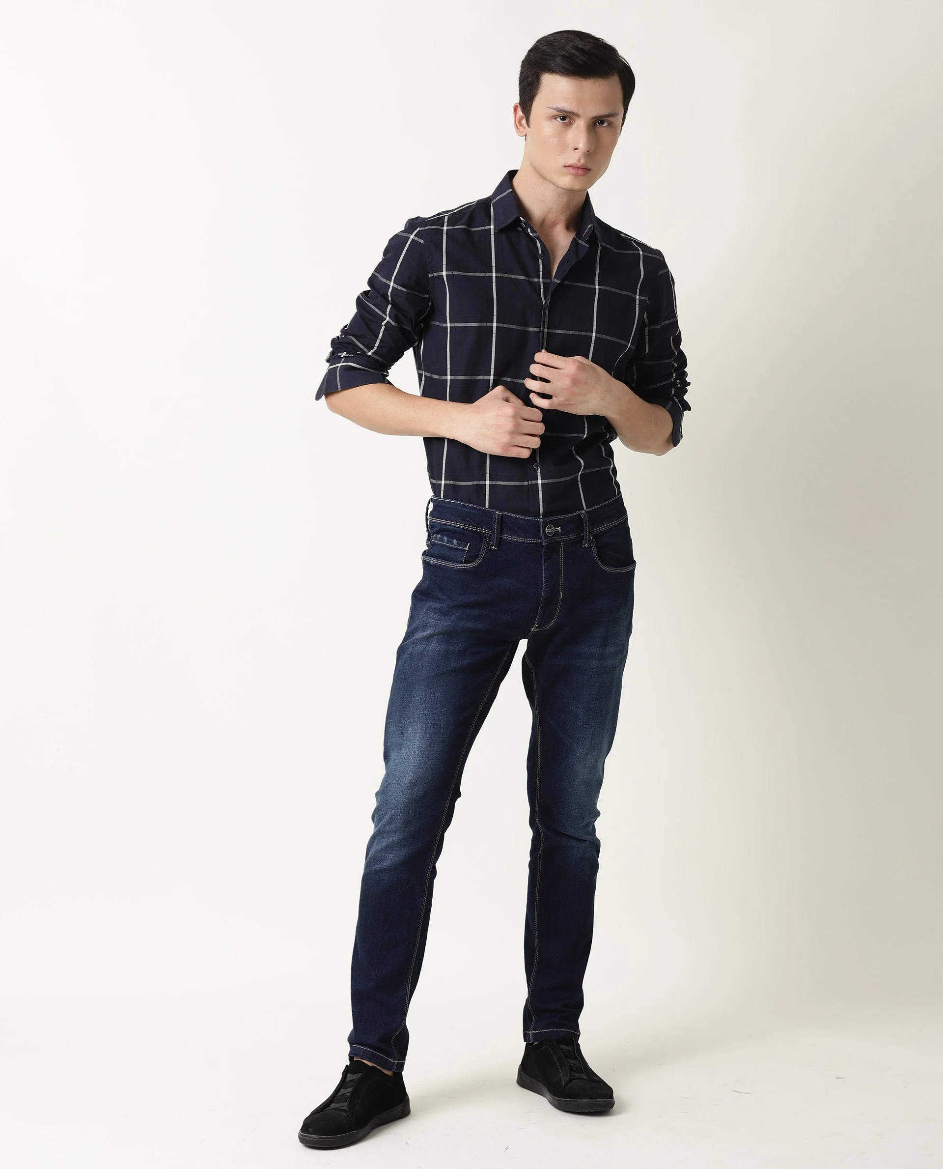 Rare Rabbit Men's Roper Navy Cotton Checked Print Regular Fit Full Sleeve Spread Collar Shirt - Image 2