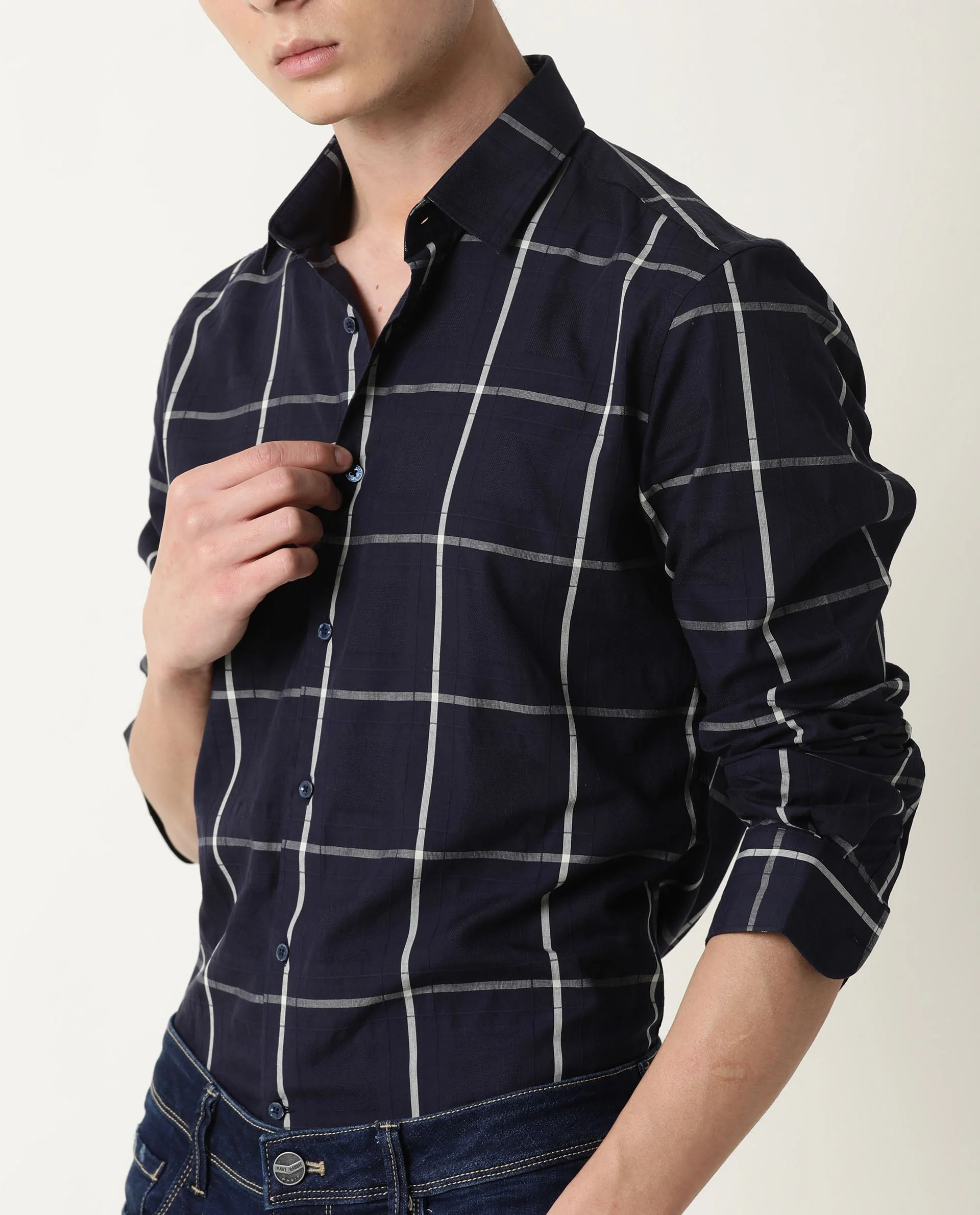 Rare Rabbit Men's Roper Navy Cotton Checked Print Regular Fit Full Sleeve Spread Collar Shirt - Image 3