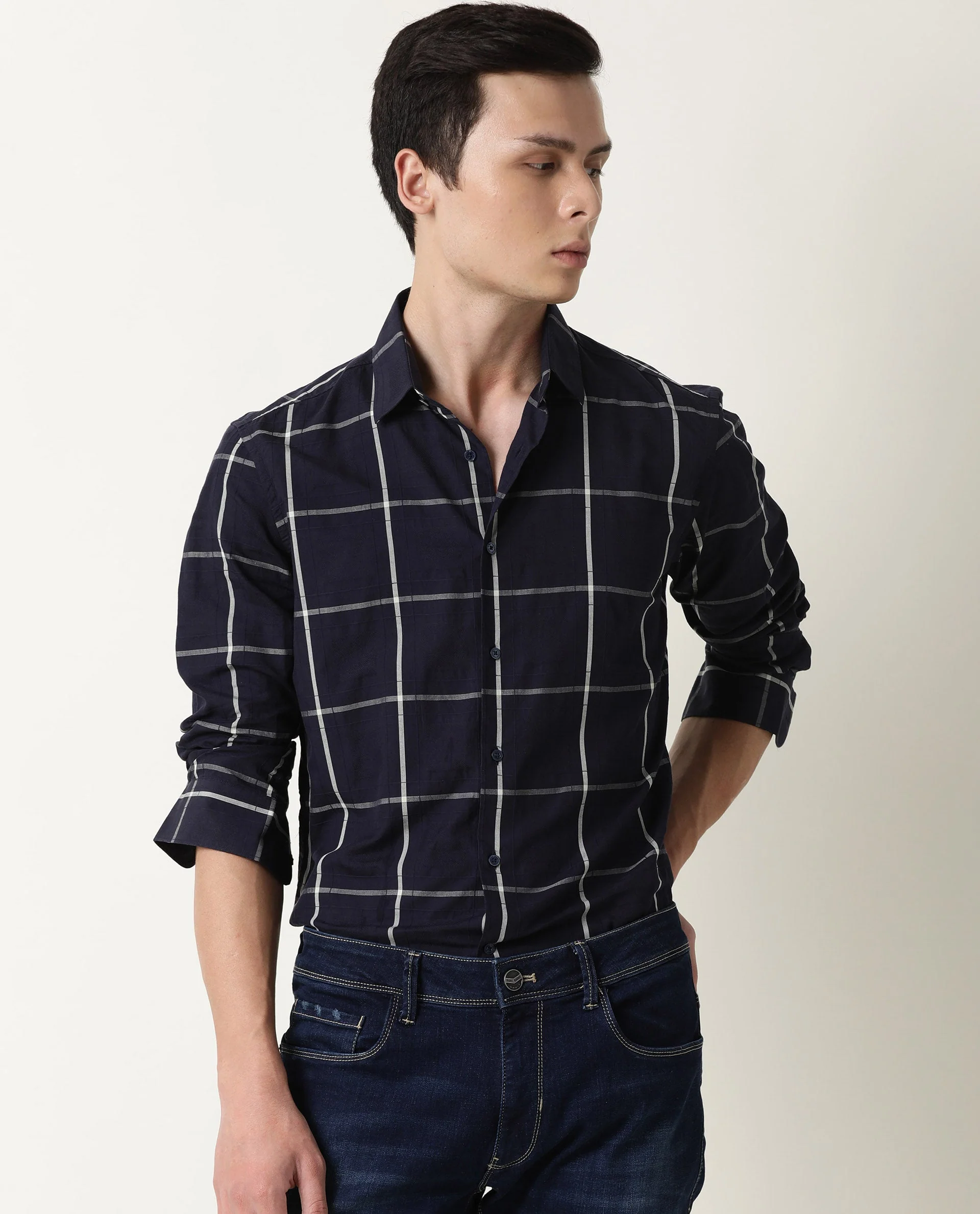 Rare Rabbit Men's Roper Navy Cotton Checked Print Regular Fit Full Sleeve Spread Collar Shirt - Image 4