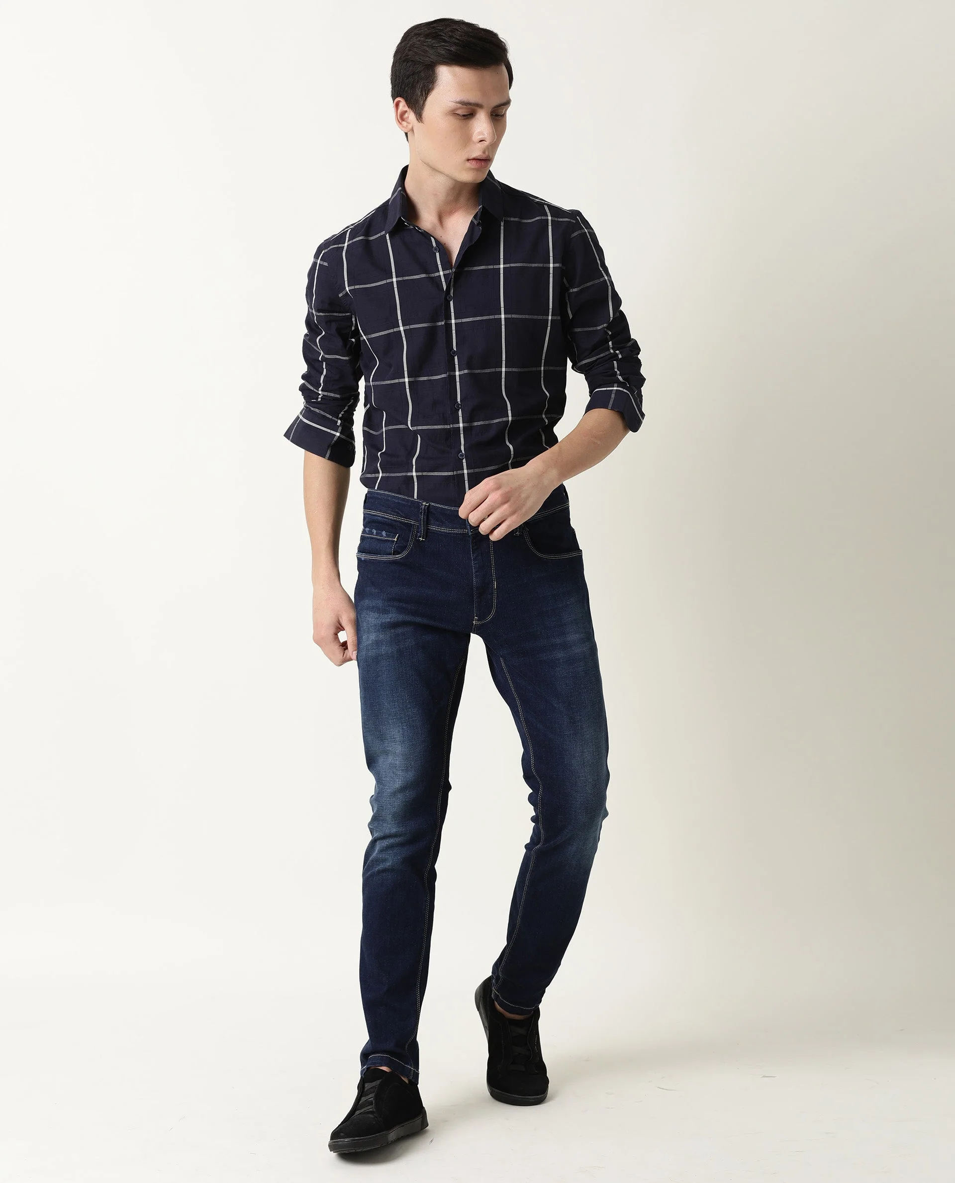 Rare Rabbit Men's Roper Navy Cotton Checked Print Regular Fit Full Sleeve Spread Collar Shirt - Image 6