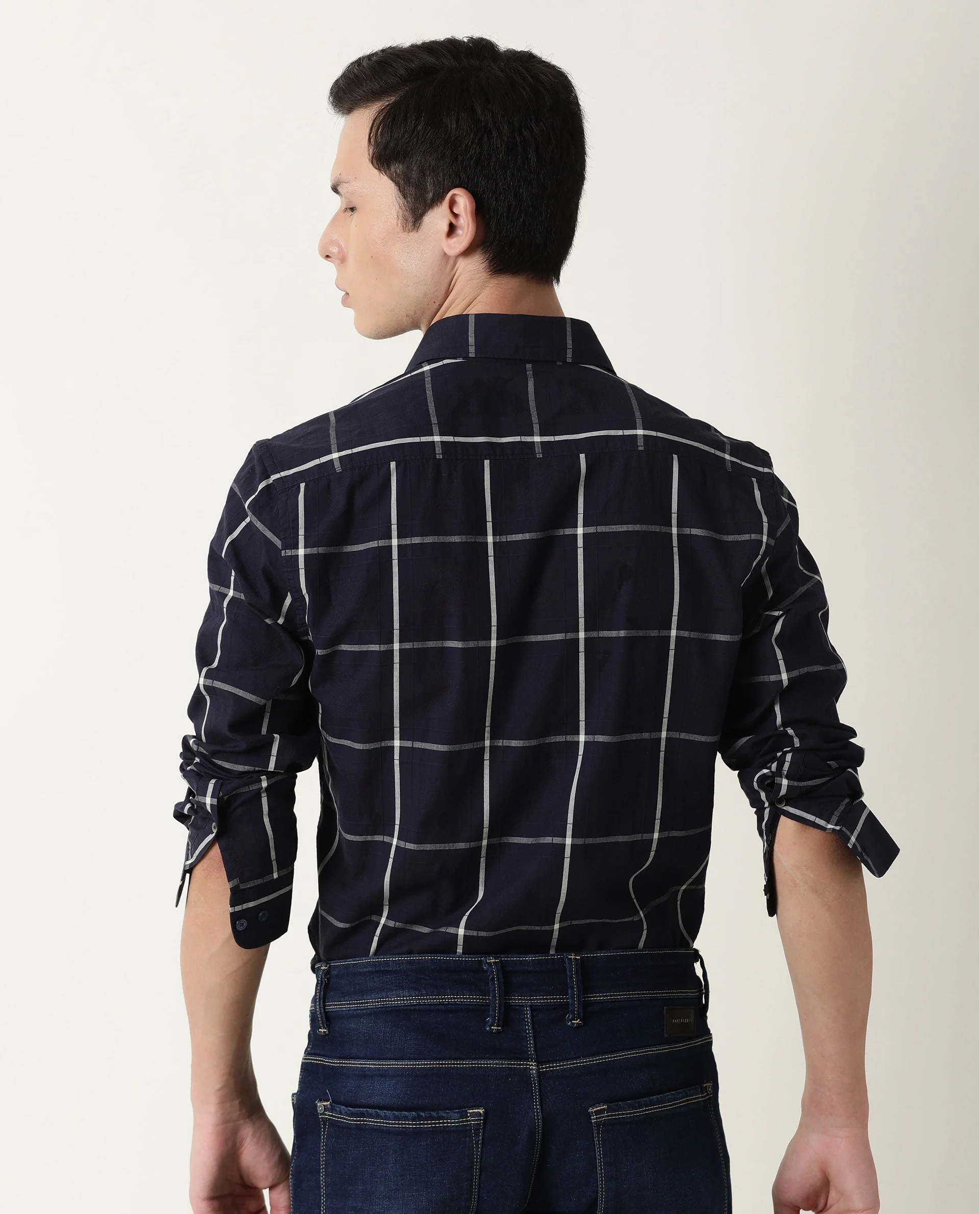 Rare Rabbit Men's Roper Navy Cotton Checked Print Regular Fit Full Sleeve Spread Collar Shirt - Image 7