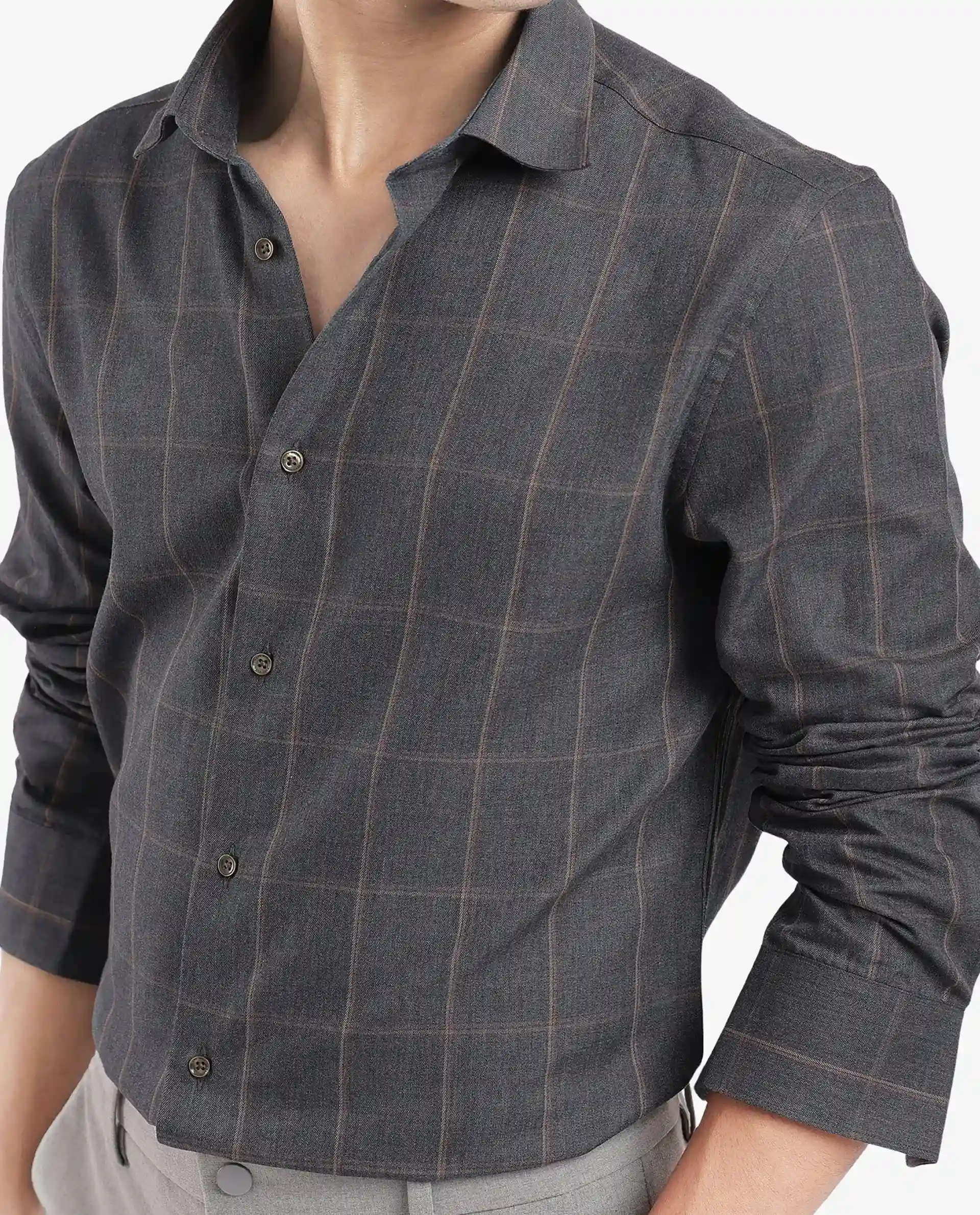 Rare Rabbit Men's Ropos-2 Grey Cotton Checked Print Regular Fit Full Sleeve Collared Shirt - Image 3