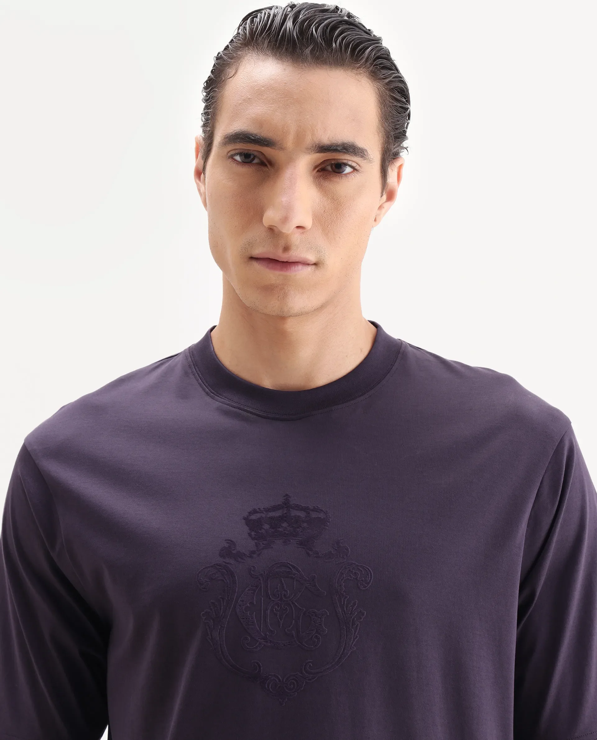 Rare Rabbit Men's Rora Dark Purple Cotton Fabric Half Sleeve Crew Neck Regular Fit Graphic Print T-Shirt