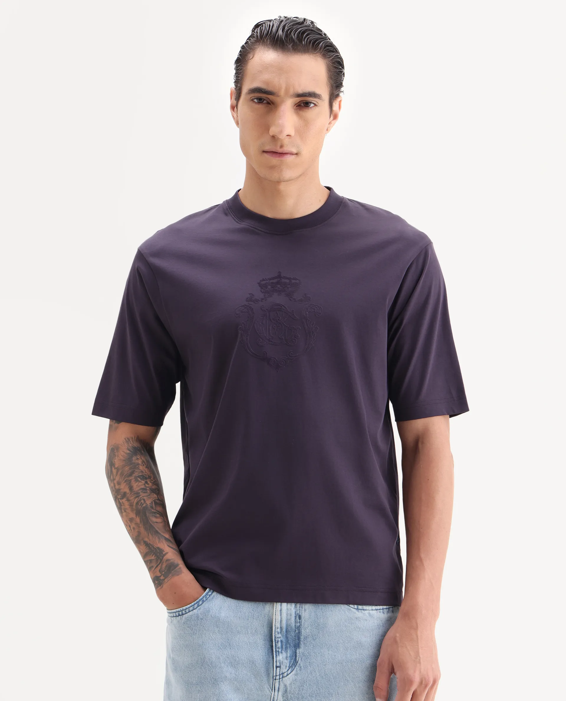 Rare Rabbit Men's Rora Dark Purple Cotton Fabric Half Sleeve Crew Neck Regular Fit Graphic Print T-Shirt - Image 2