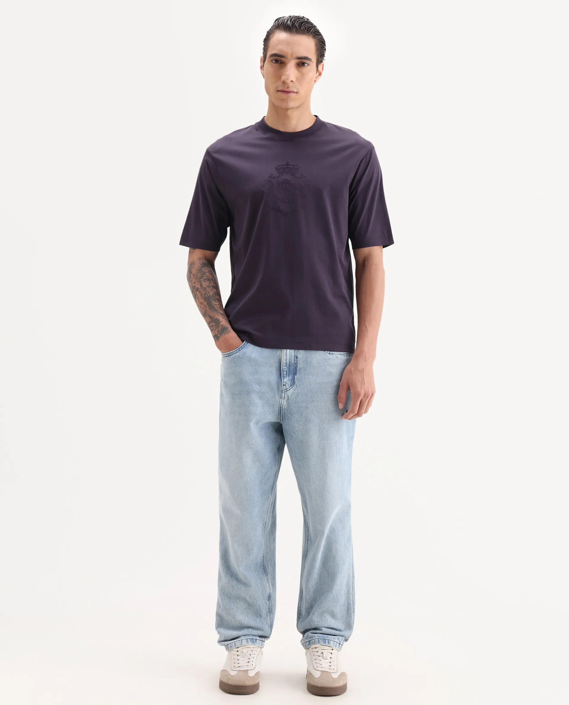Rare Rabbit Men's Rora Dark Purple Cotton Fabric Half Sleeve Crew Neck Regular Fit Graphic Print T-Shirt - Image 3