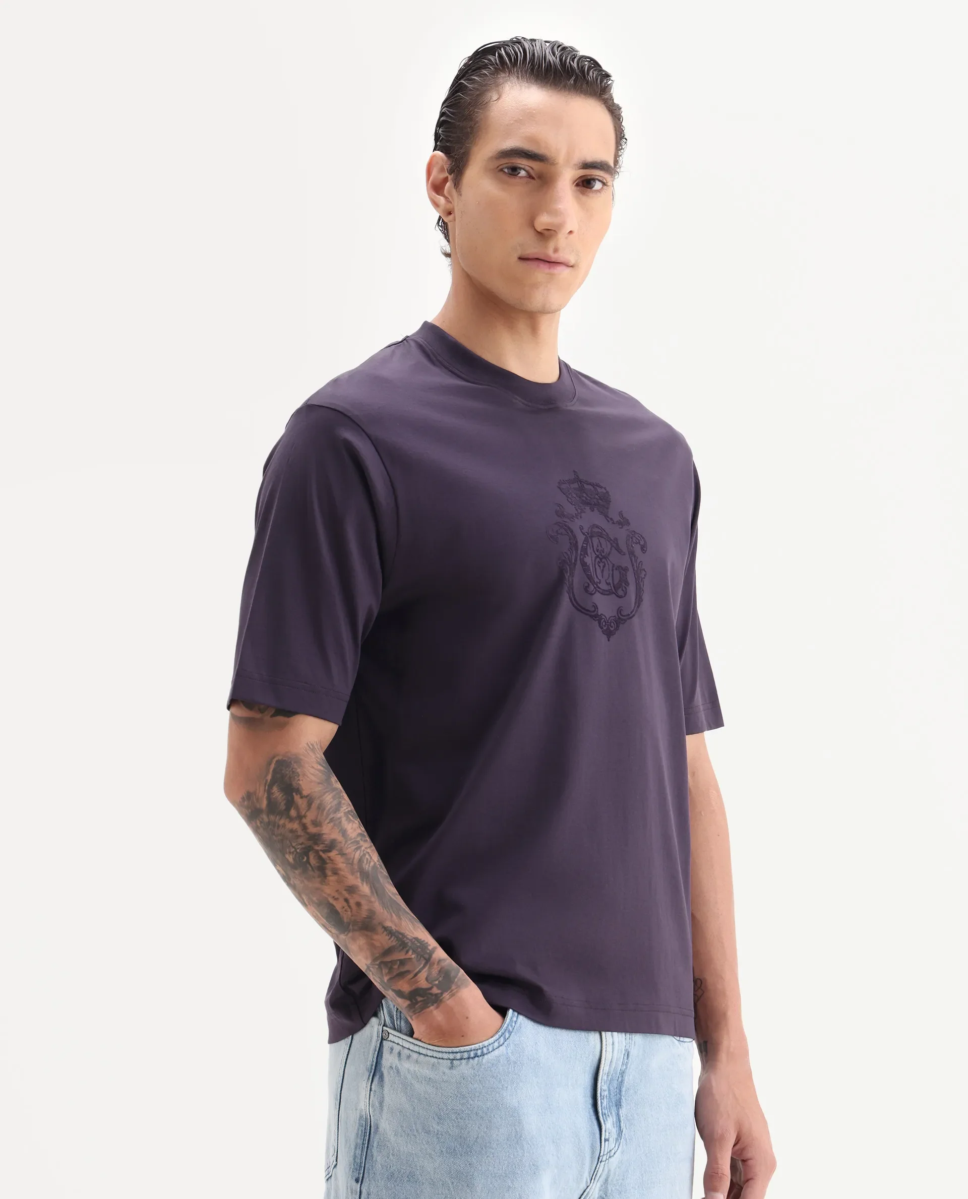 Rare Rabbit Men's Rora Dark Purple Cotton Fabric Half Sleeve Crew Neck Regular Fit Graphic Print T-Shirt - Image 4