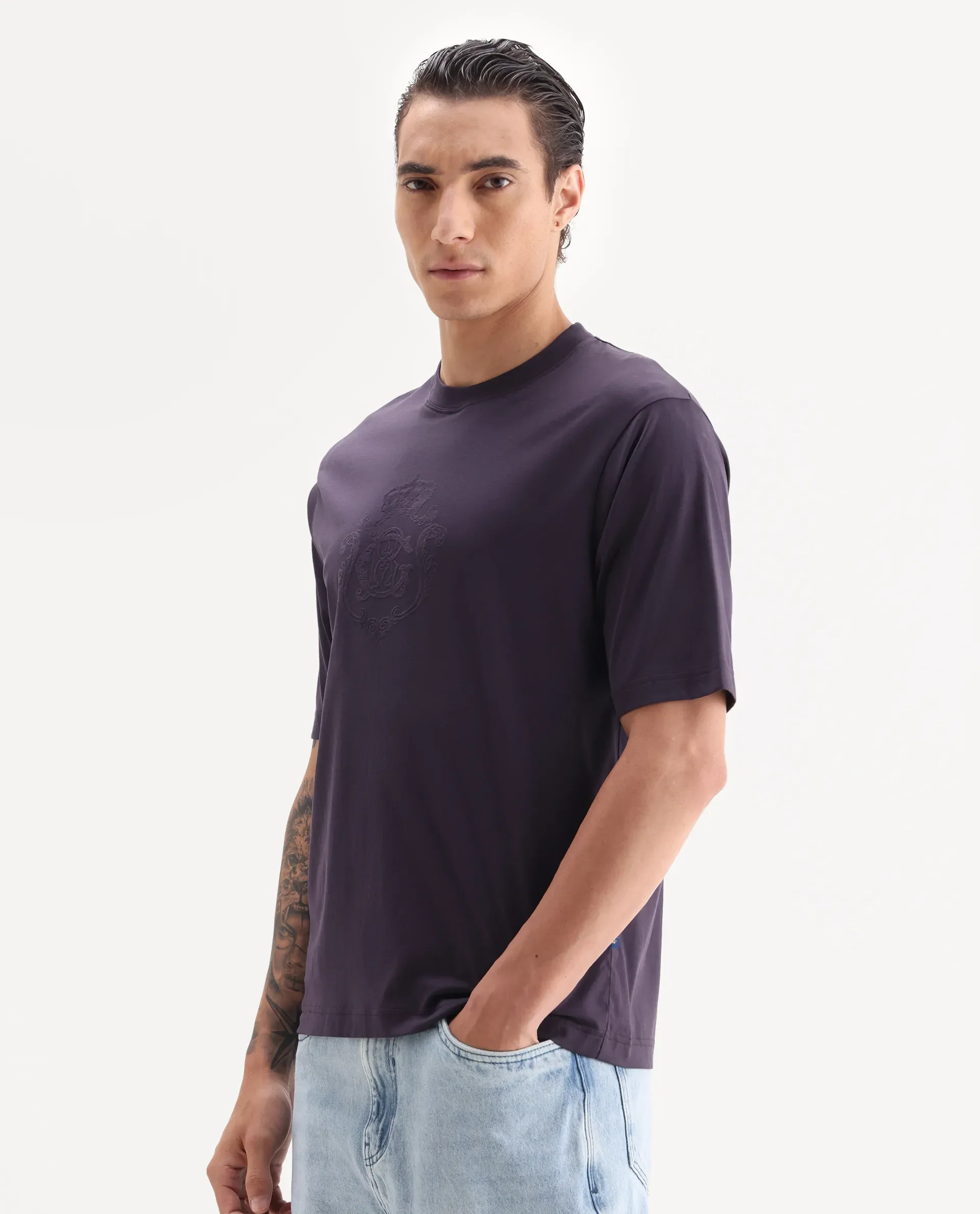 Rare Rabbit Men's Rora Dark Purple Cotton Fabric Half Sleeve Crew Neck Regular Fit Graphic Print T-Shirt - Image 5