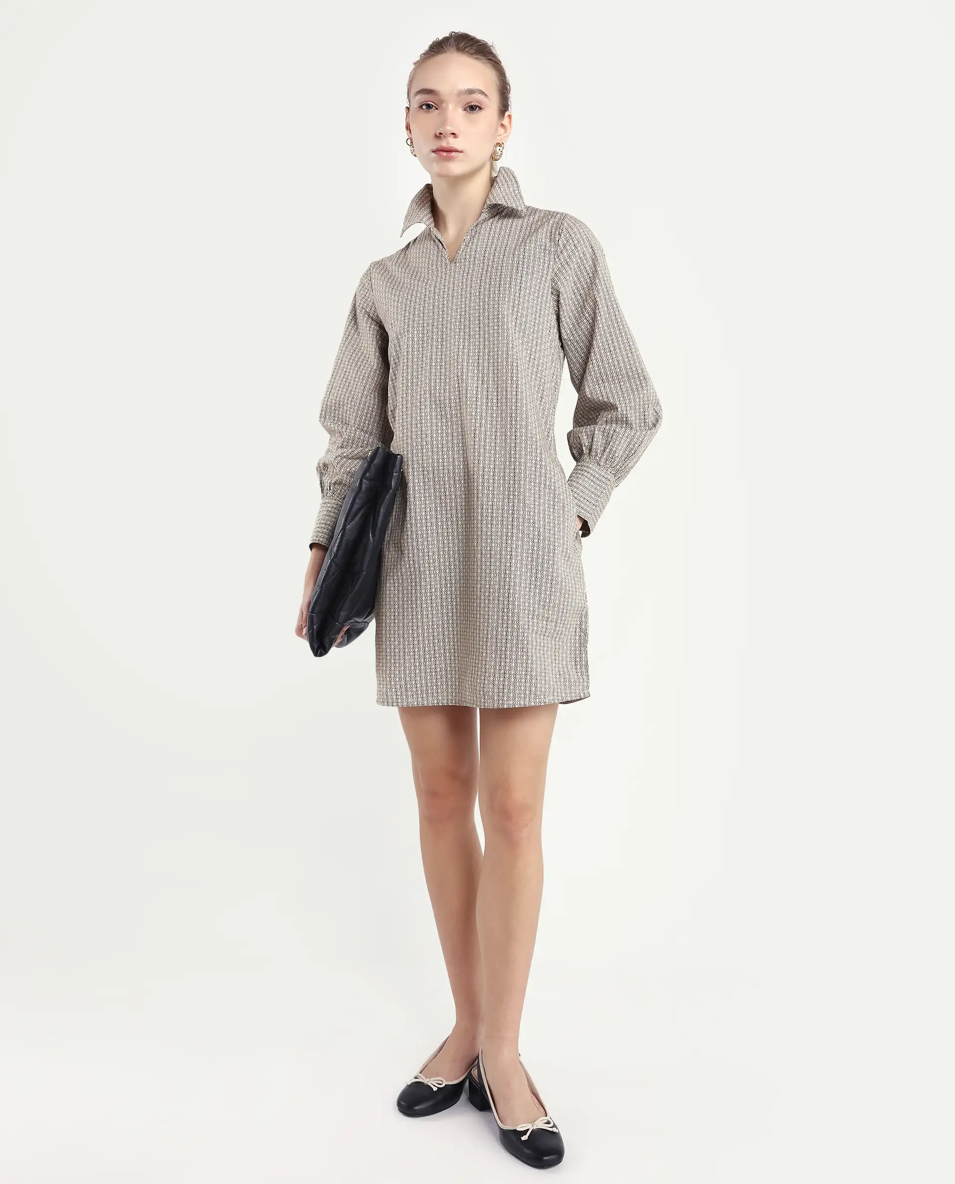 Rareism Women's Rore Beige Cotton Drop Collar Striped Cuffed Sleeve Mini Regular Fit Dress - Image 2