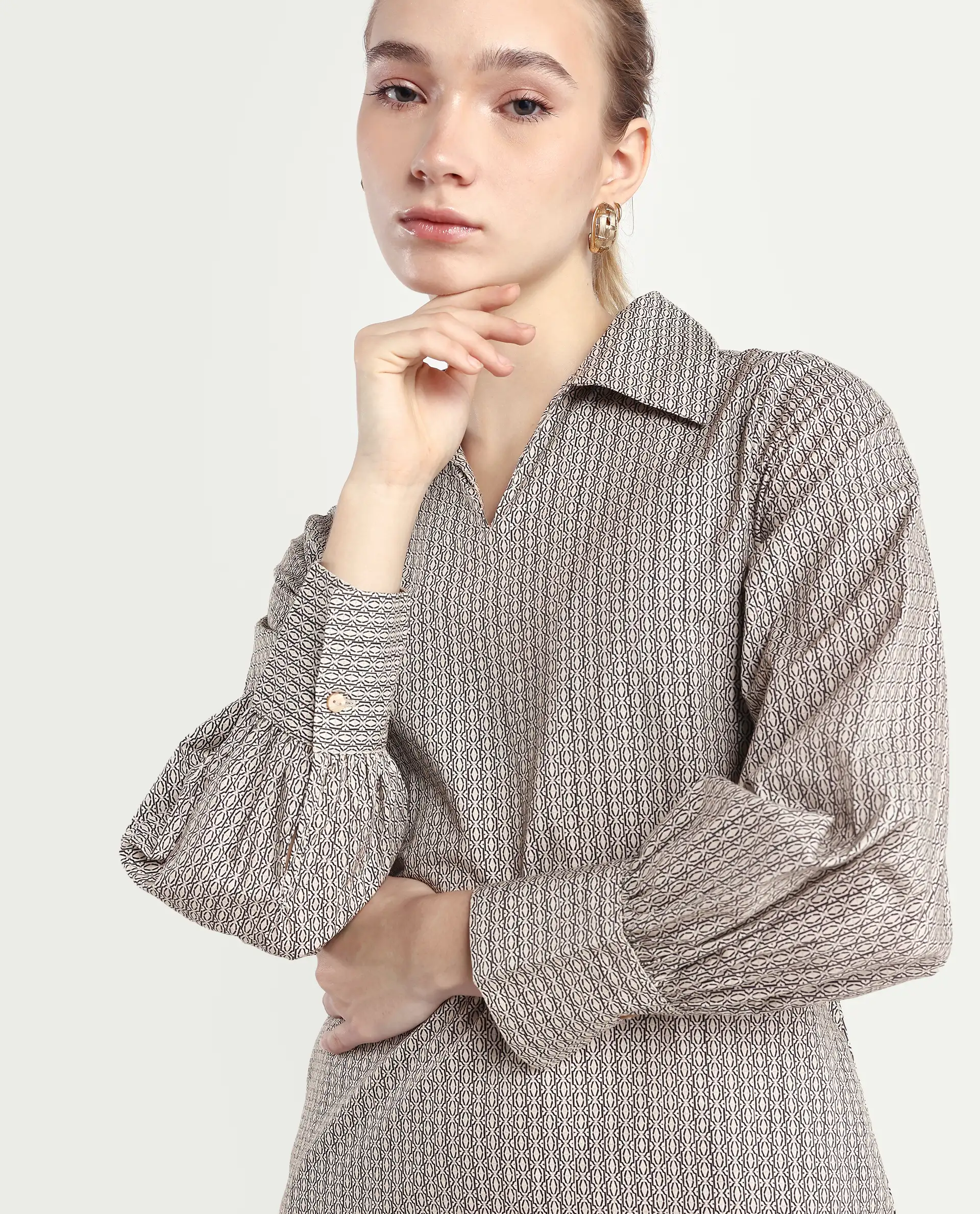 Rareism Women's Rore Beige Cotton Drop Collar Striped Cuffed Sleeve Mini Regular Fit Dress - Image 3