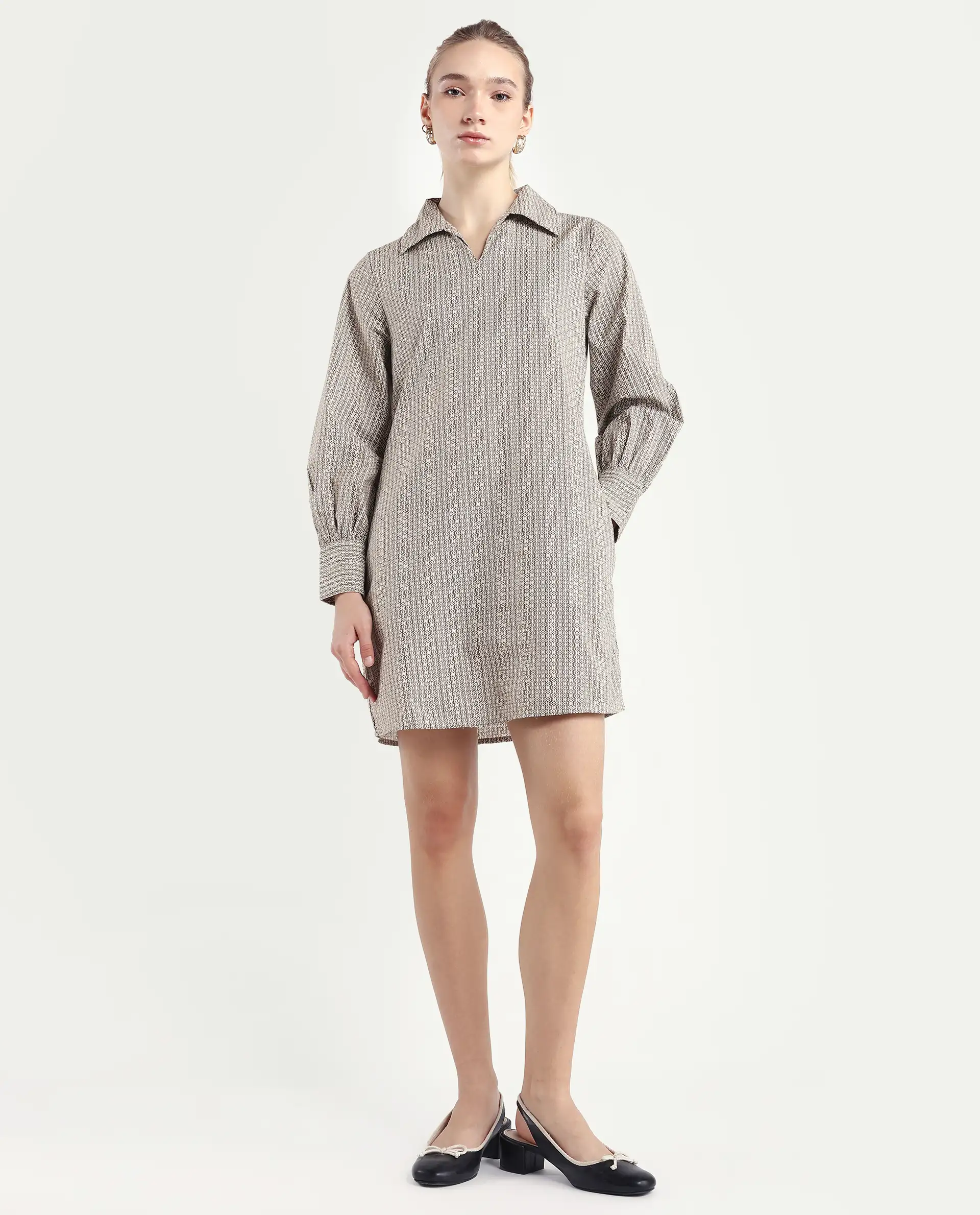 Rareism Women's Rore Beige Cotton Drop Collar Striped Cuffed Sleeve Mini Regular Fit Dress - Image 4