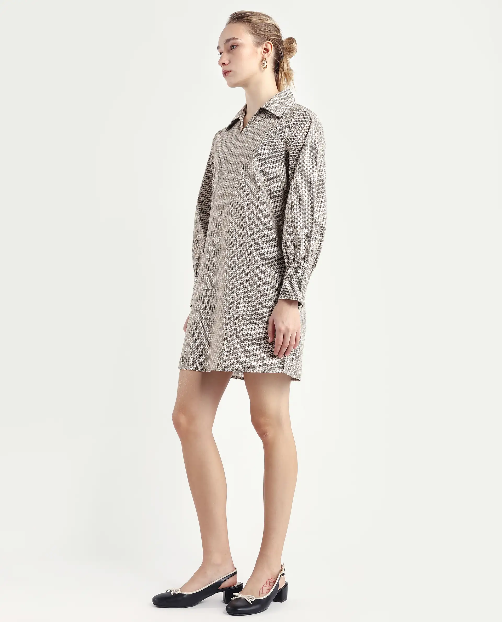 Rareism Women's Rore Beige Cotton Drop Collar Striped Cuffed Sleeve Mini Regular Fit Dress - Image 5