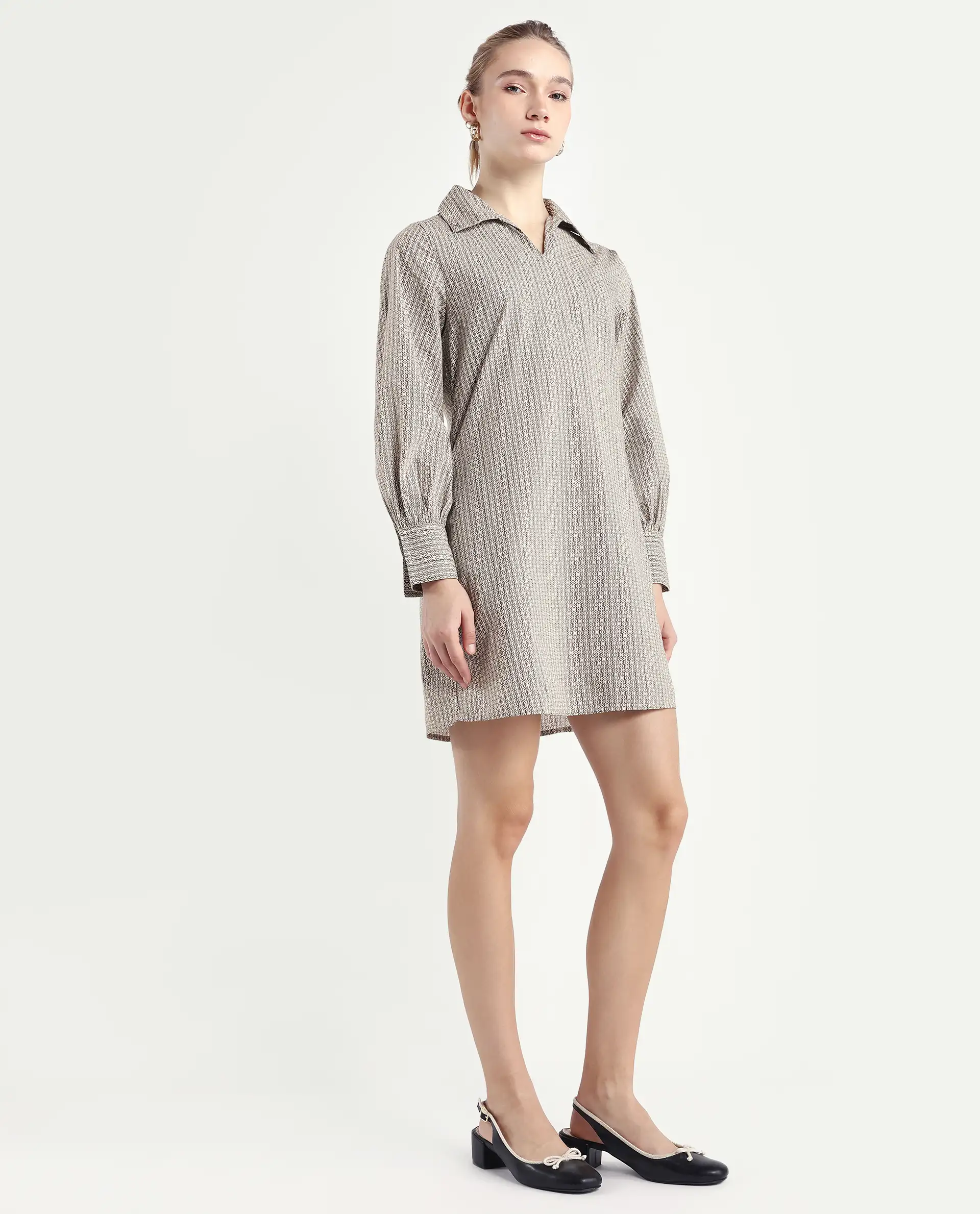 Rareism Women's Rore Beige Cotton Drop Collar Striped Cuffed Sleeve Mini Regular Fit Dress - Image 6
