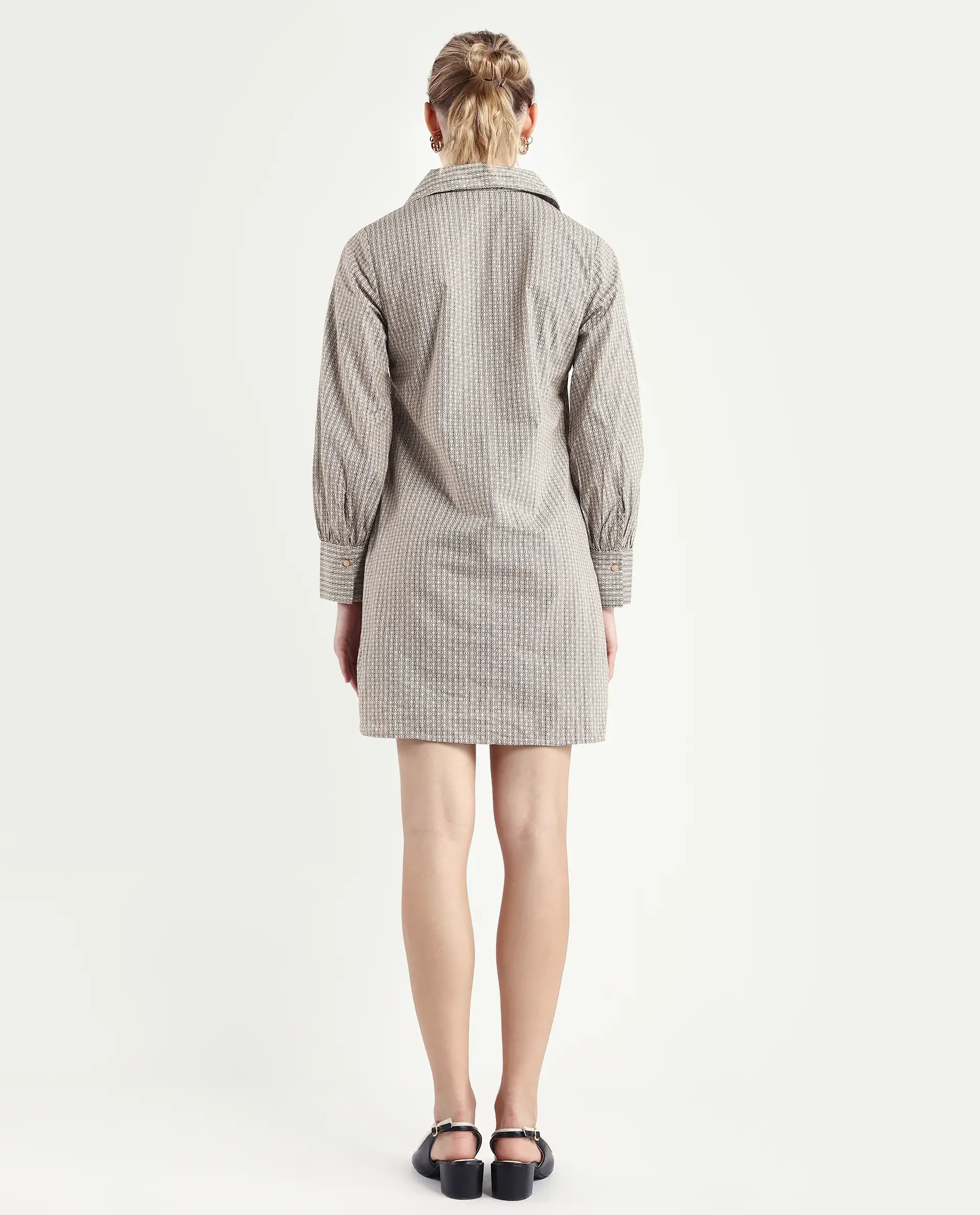 Rareism Women's Rore Beige Cotton Drop Collar Striped Cuffed Sleeve Mini Regular Fit Dress - Image 7