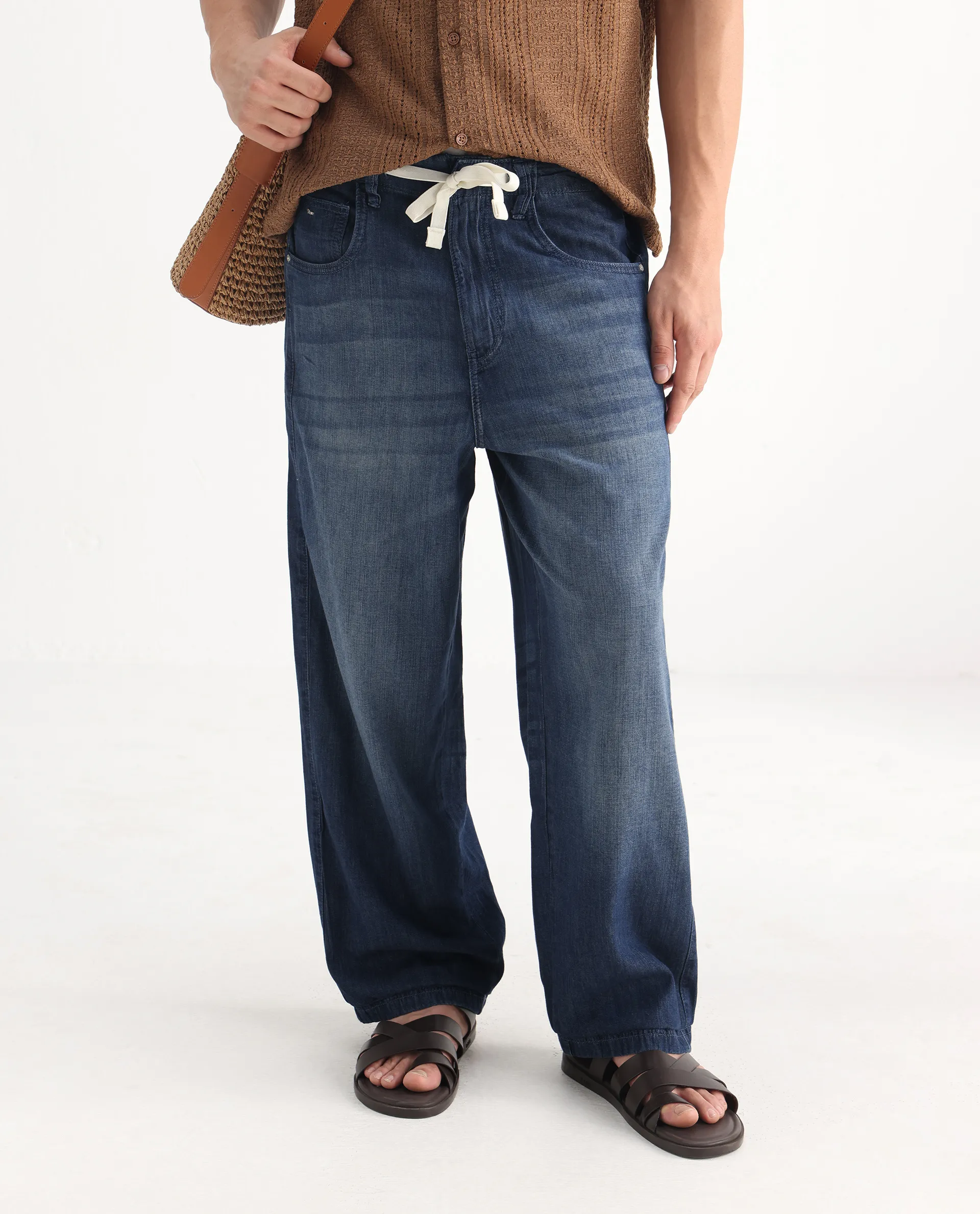 Rare Rabbit Men's Rory Light Blue Cotton Plain Baggy Fit Jeans - Image 2