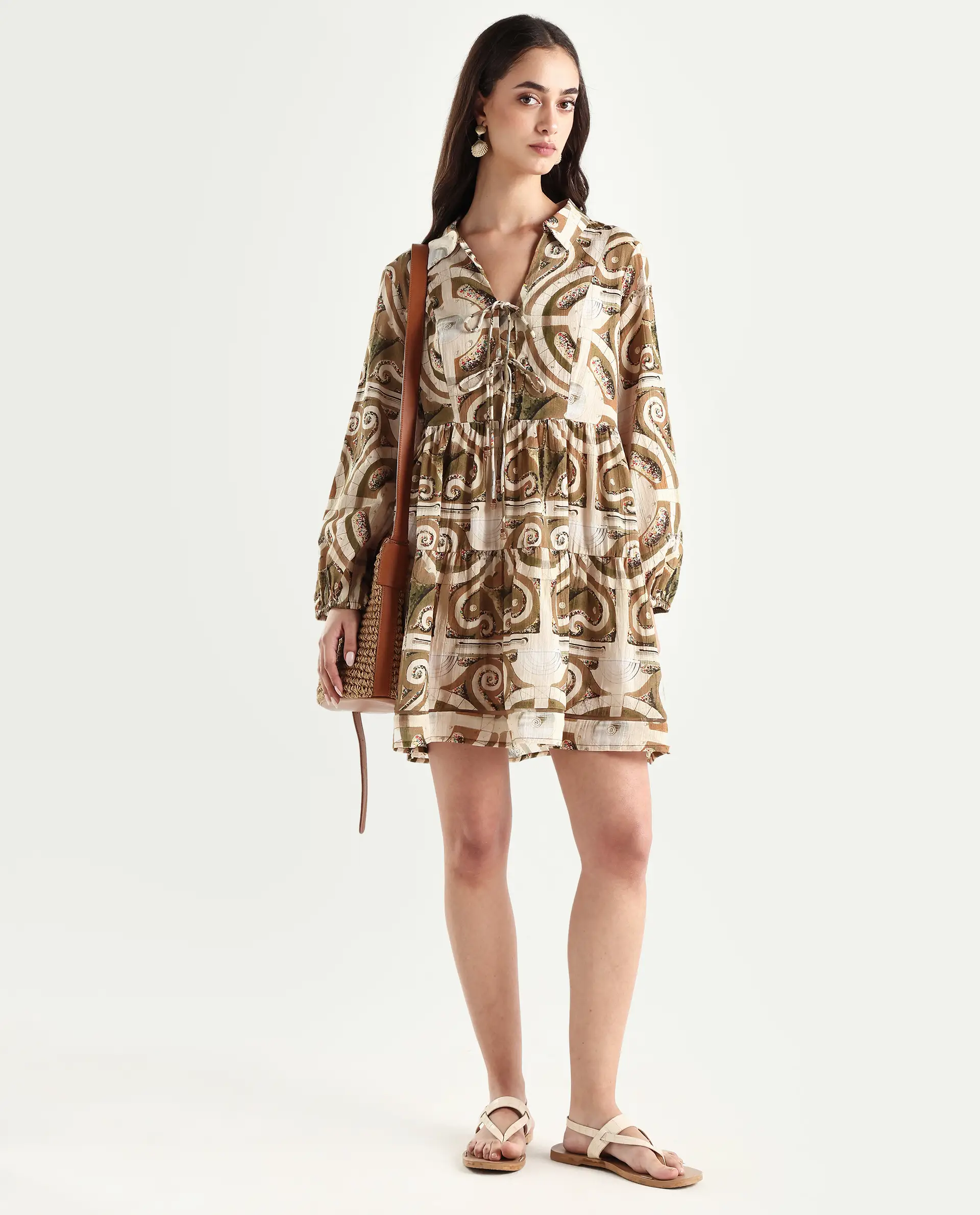 Rareism Women's Rory Pastel Green Cotton V-Neck Geometric Print Bishop Sleeve Mini Fit And Flare Dress - Image 2