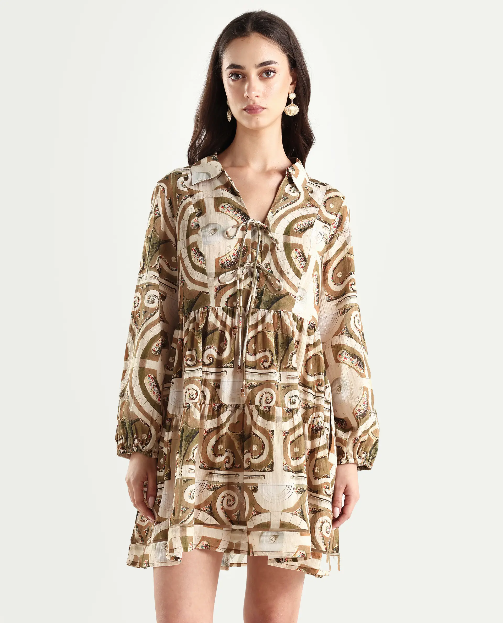 Rareism Women's Rory Pastel Green Cotton V-Neck Geometric Print Bishop Sleeve Mini Fit And Flare Dress - Image 3