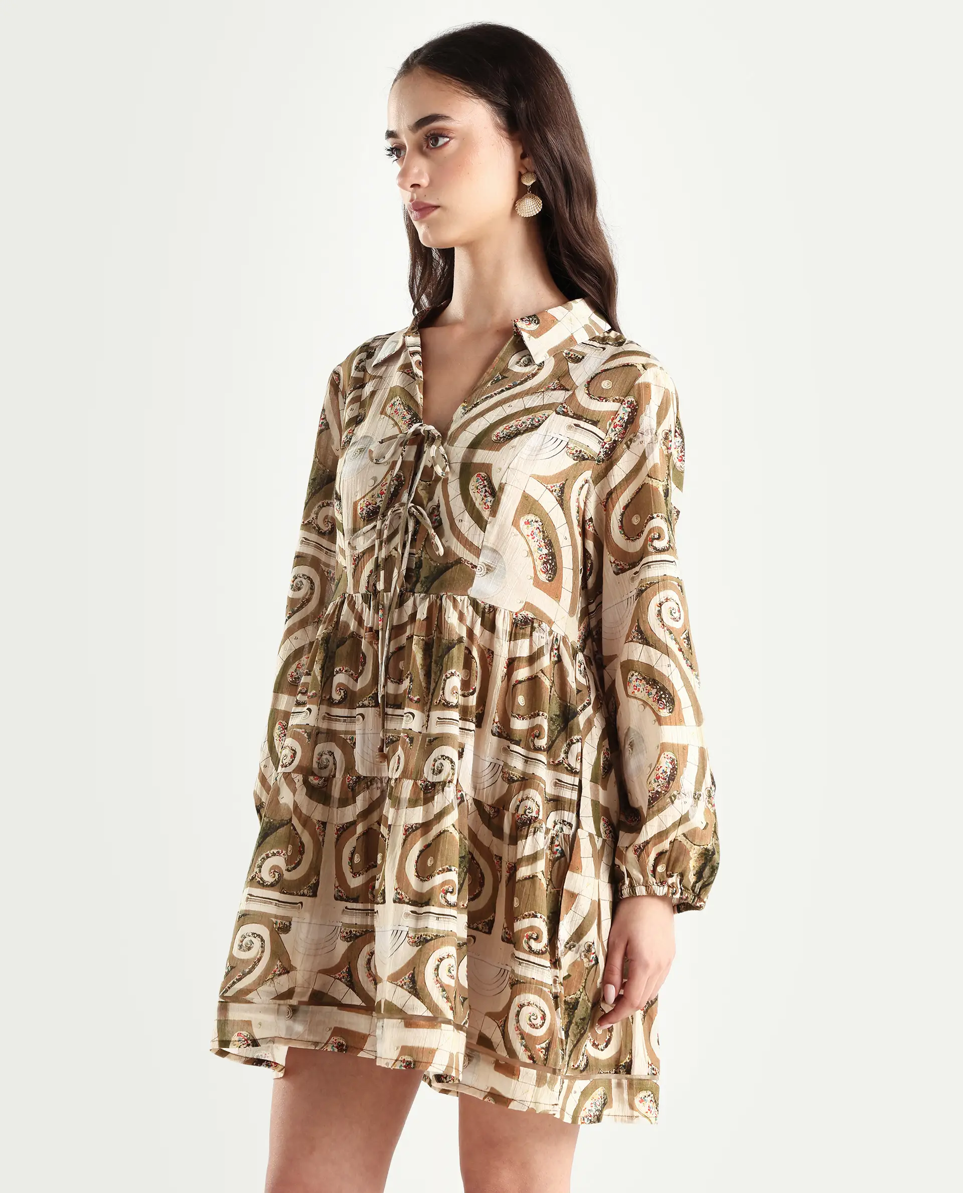 Rareism Women's Rory Pastel Green Cotton V-Neck Geometric Print Bishop Sleeve Mini Fit And Flare Dress - Image 5