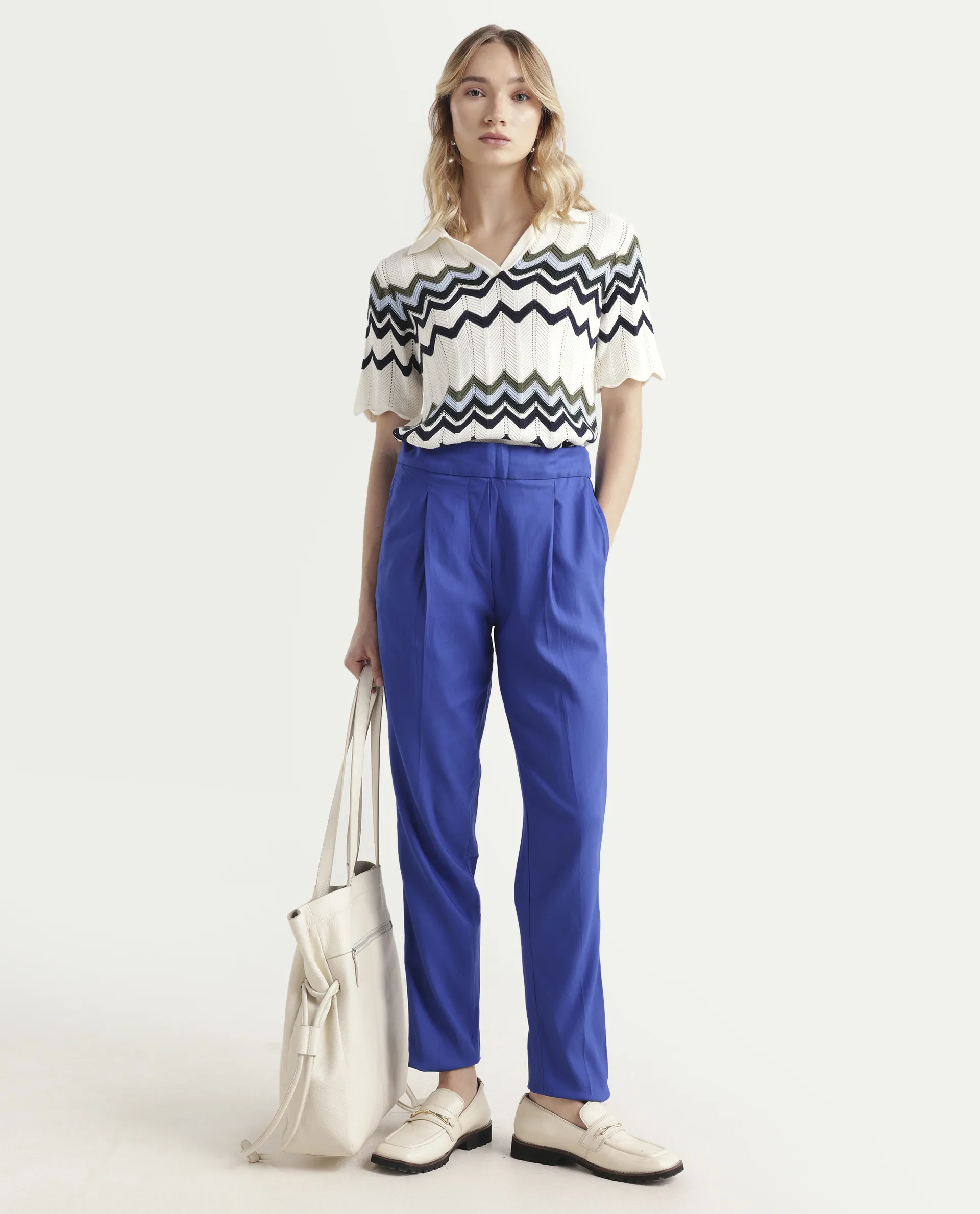 Rareism Women's Rosalia Blue Polyester Blend Plain Ankle Length Relaxed Fit Trouser